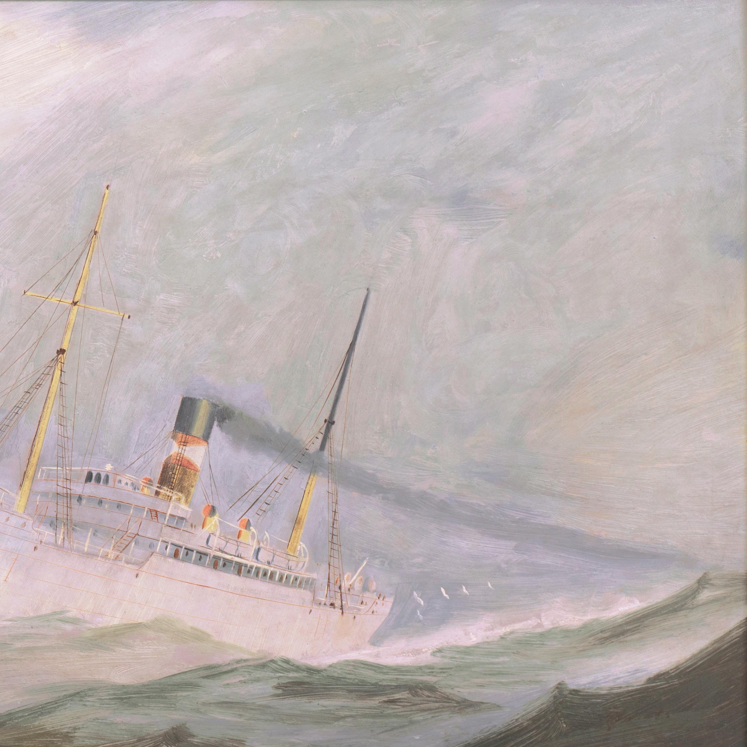 The S.S. San Jose shown making way in medium water. This early refrigerated freighter, built in 1904, was designed to transport bananas between the Caribbean and the American mainland. Painted white to lower interior temperatures, the San Jose