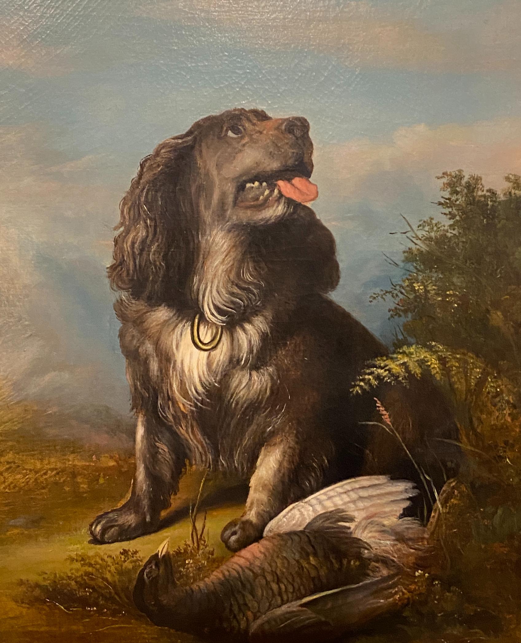 19th century American school dog and pheasant oil painting
An unsigned 19th century American school oil on canvas, depicting a hunting dog looking for his owner for approval, in a period gilt frame. Unsigned.
Measures: 27