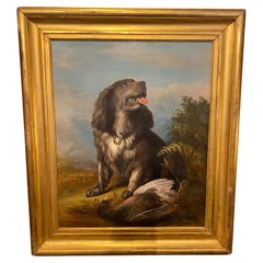 19th Century American School Dog and Pheasant Oil on Canvas Painting
