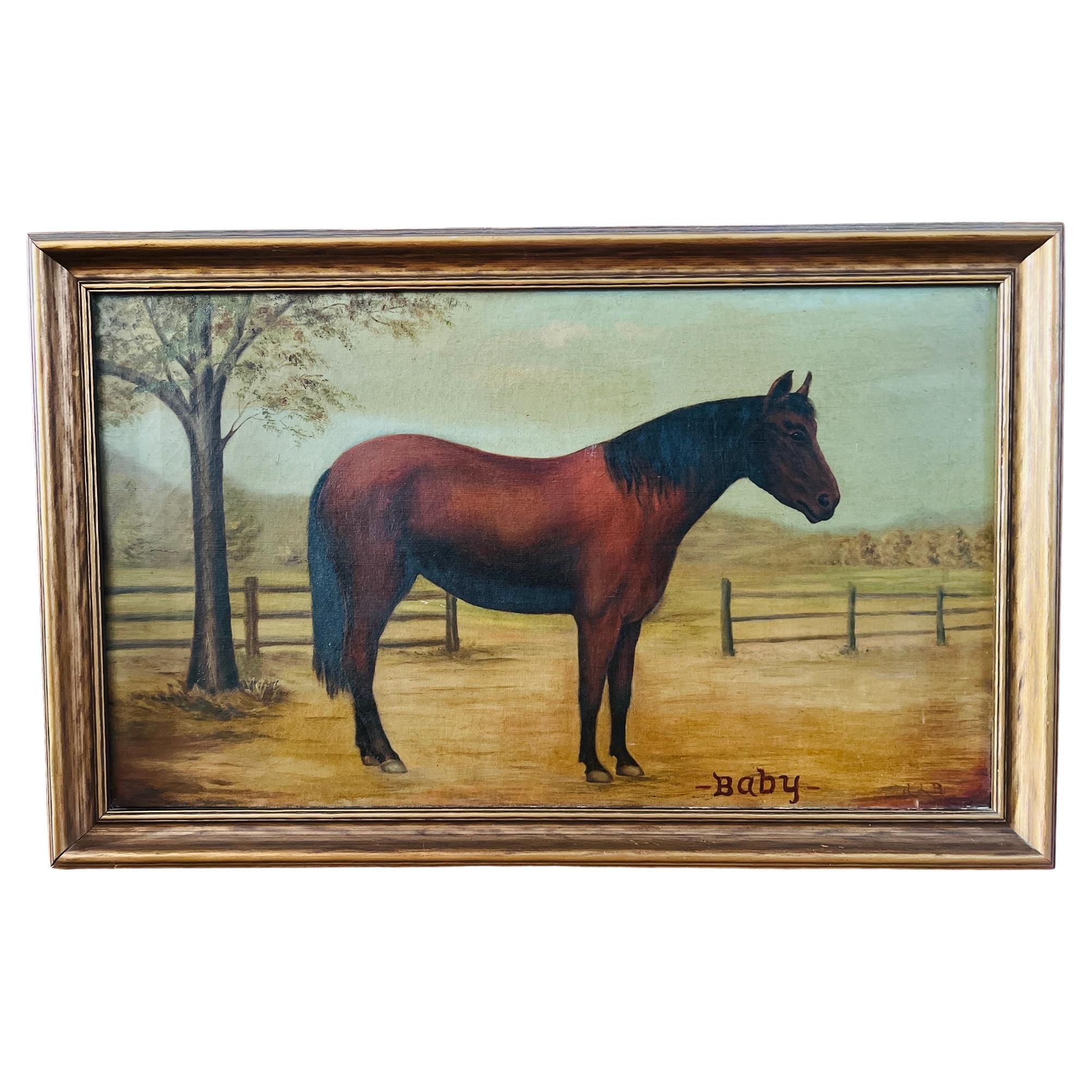 19th Century, American School Folk Art "Baby" Horse O/C - Signed For Sale