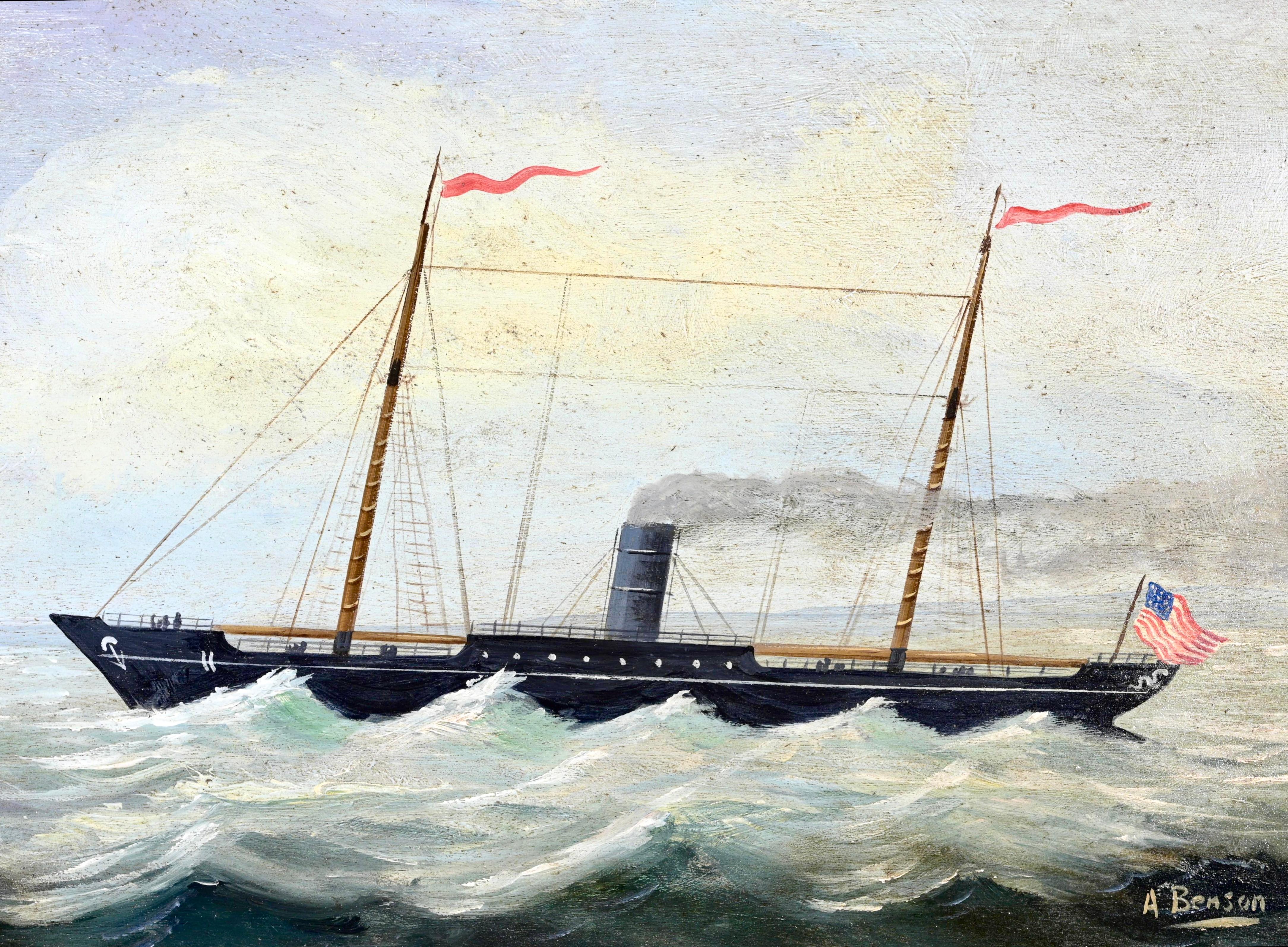 Pintura náutica de la escuela americana del siglo XIX. Maravillosa pintura marítima al óleo sobre tabla de yate de vapor con bandera estadounidense. Firmado por A Benson en la esquina inferior derecha. Enmarcado en madera ornamentada y ribete dorado.