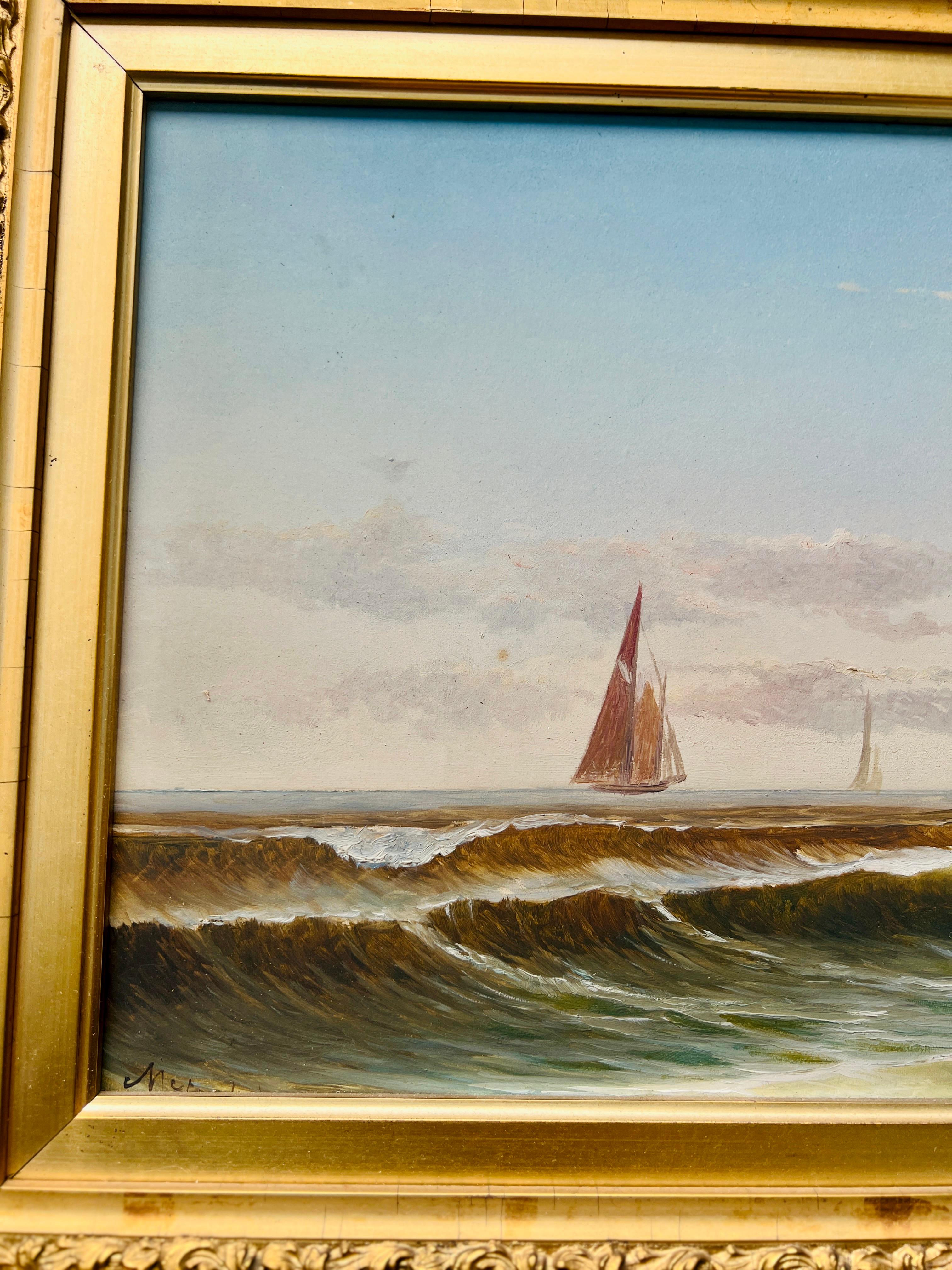 19th Century, American School Nautical Seascape Oil on Board - Signed In Good Condition For Sale In Atlanta, GA