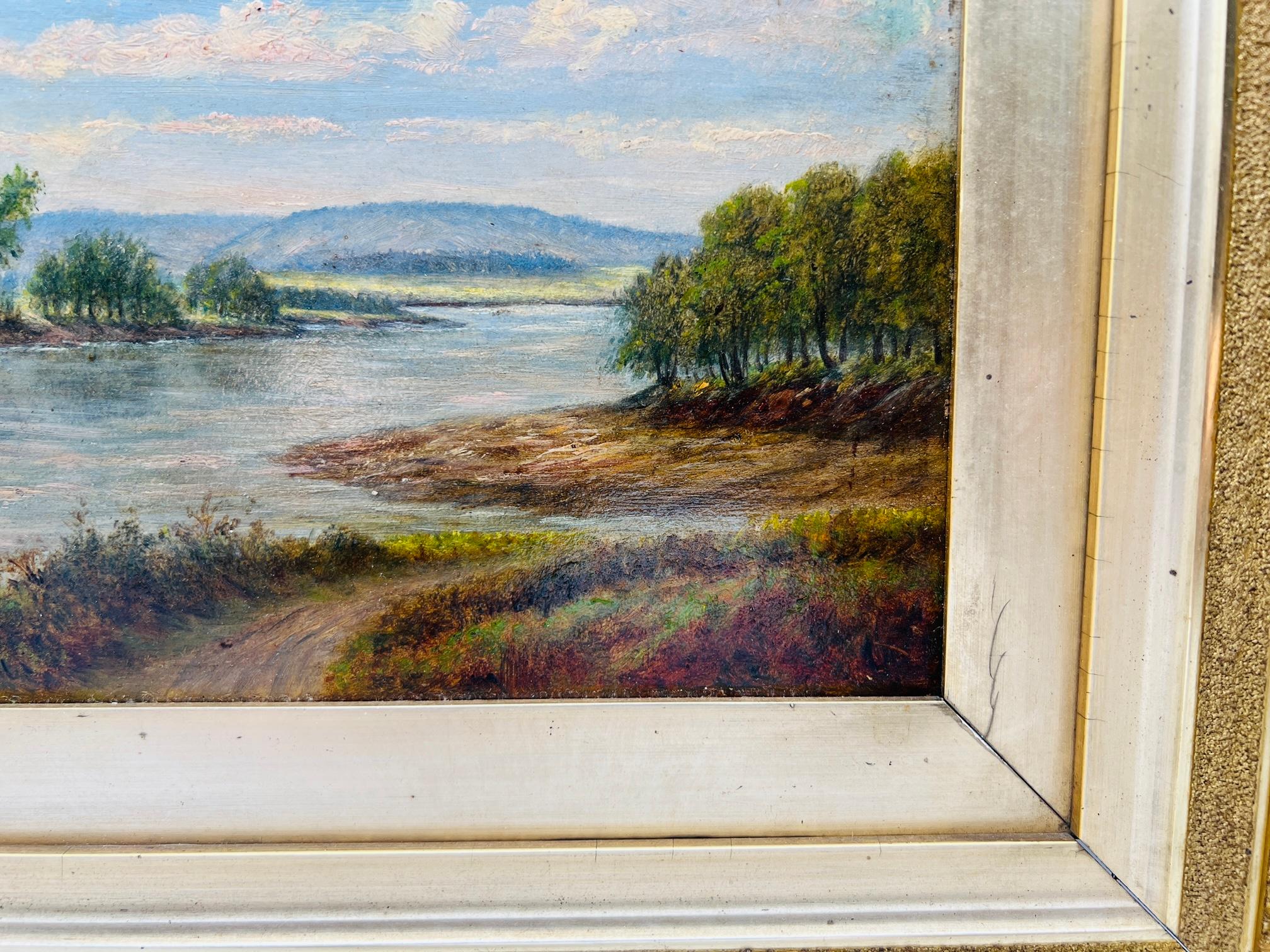 Legno dorato XIX secolo, Scuola americana Paesaggio olio su tavola - Scuola del New Hampshire in vendita