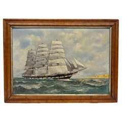 Antique 19th Century American School Oil on Canvas Board of Clipper Ship