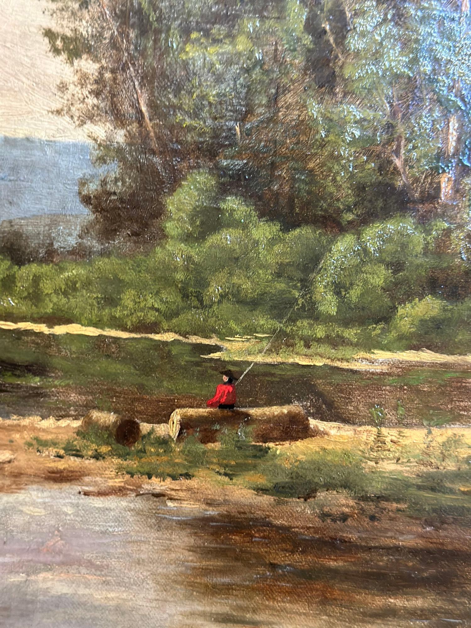 American school oil on canvas made in the 19th Century depicting a fisherman on a pond fishing on his own, conveying a sense of peaceful solitude.
Surrounding the pond, great scenery of flora unfolds. The abundance of nature is celebrated in every