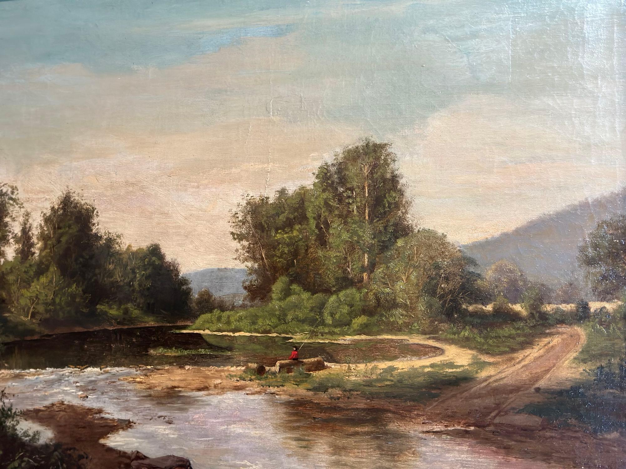 19th Century American School Oil on Canvas of Fisherman In Good Condition For Sale In Los Angeles, CA