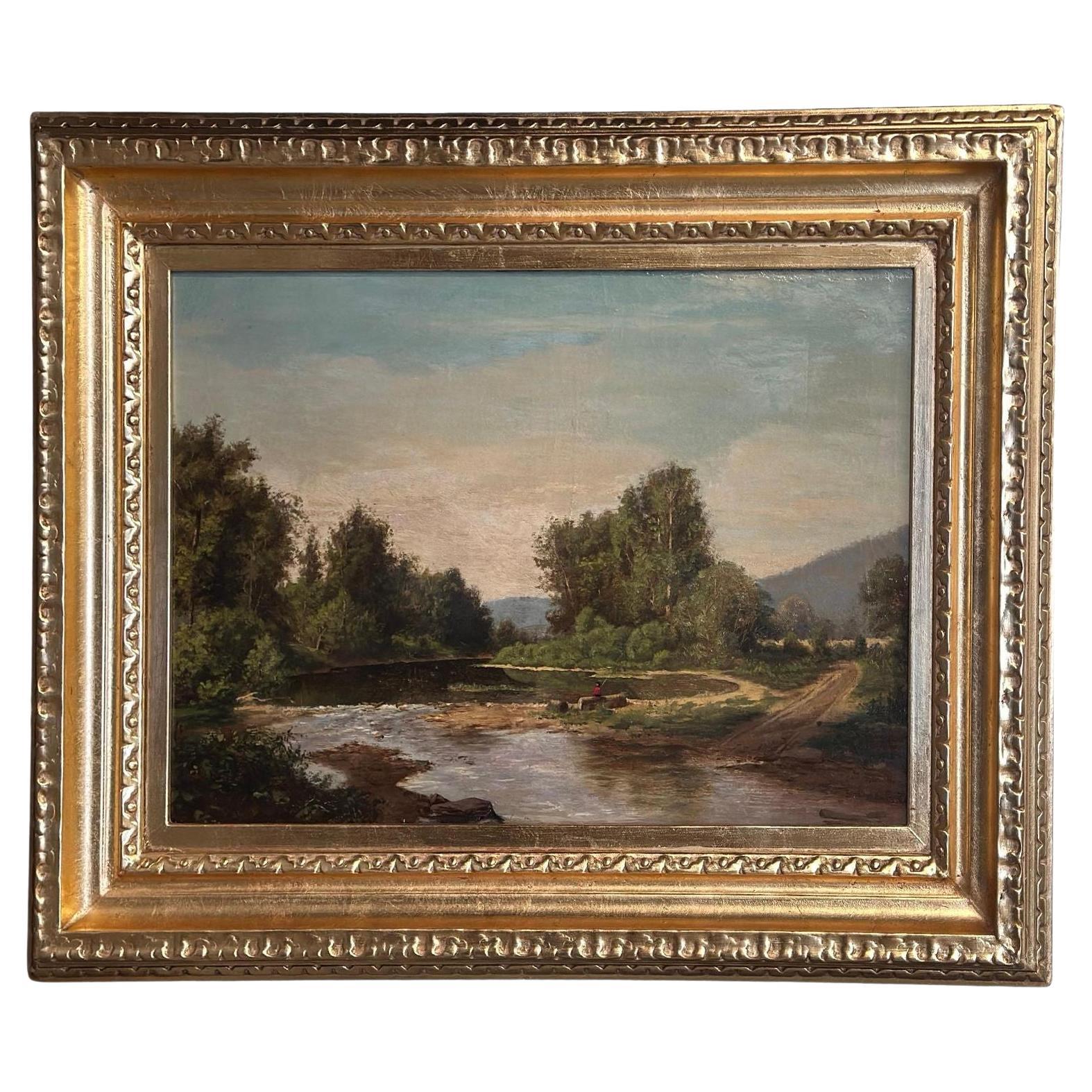 19th Century American School Oil on Canvas of Fisherman For Sale