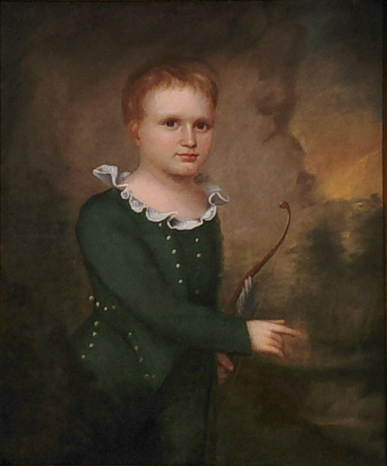 American School Portrait of Child with Bow 19th century.

This oil on canvas measures 30 inches by 25 inches and is a portrait of a young boy holding a bow.

In the frame this painting measures 35.5 inches tall by 30.5 inches wide.

According