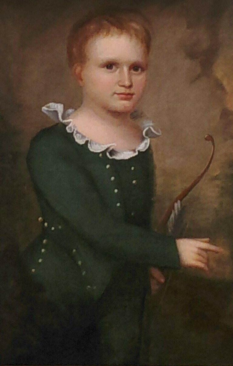 Folk Art 19th Century American School Painting of Child with Bow For Sale