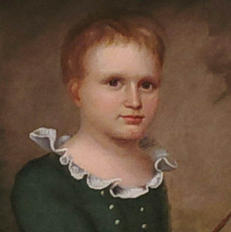 Hand-Painted 19th Century American School Painting of Child with Bow For Sale
