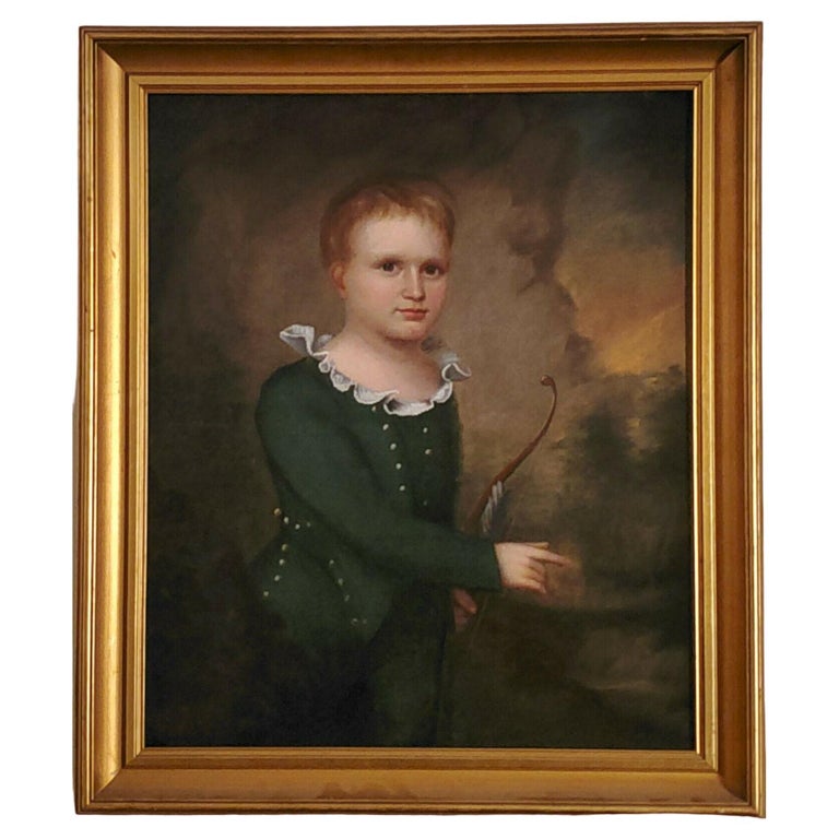 19th Century American School Painting of Child with Bow For Sale