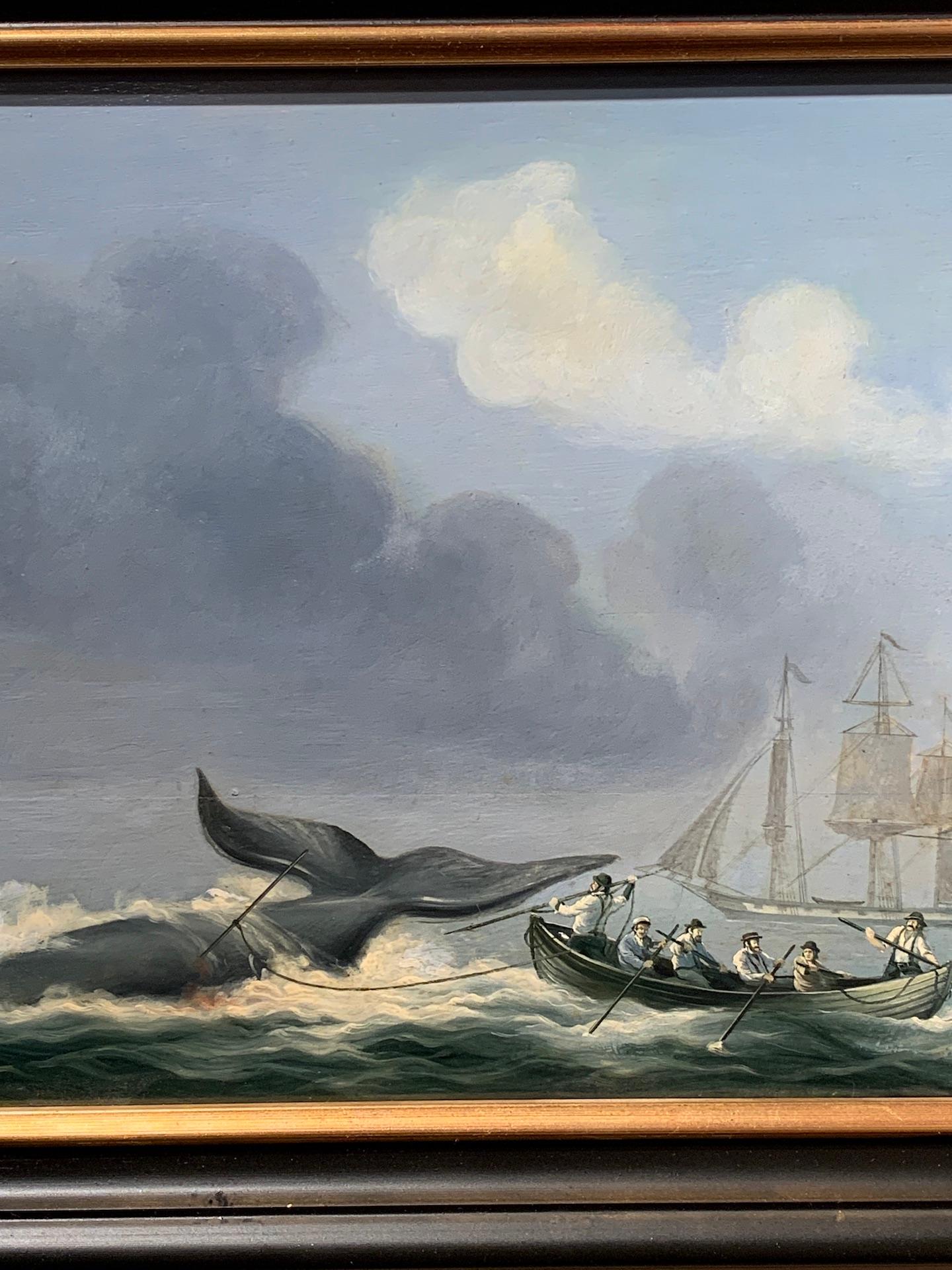 19th century North East American whaling boats at sea with Whale attack - Painting by 19th century American School