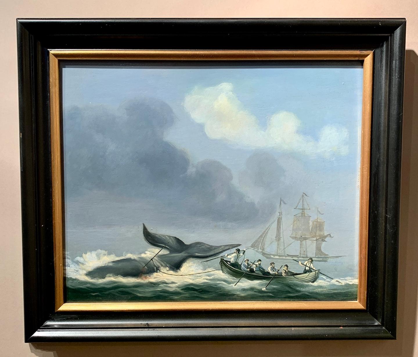 19th century American School Animal Painting - 19th century North East American whaling boats at sea with Whale attack