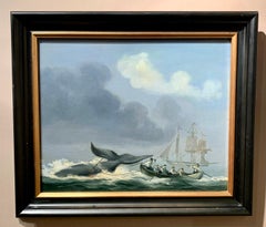 Antique 19th century North East American whaling boats at sea with Whale attack