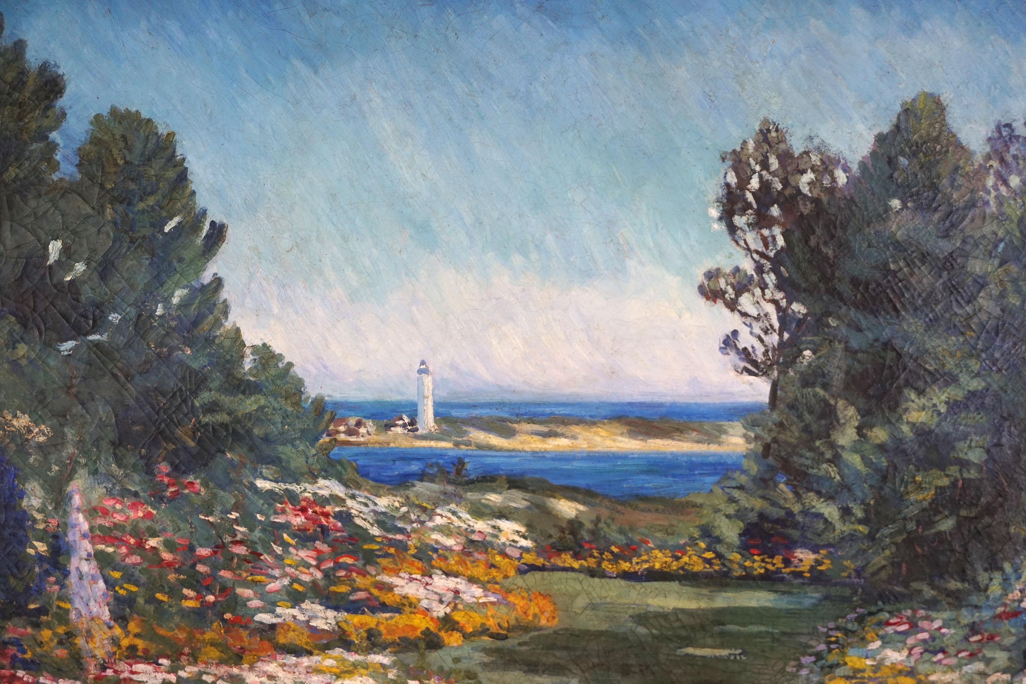Large Scale 19th Century American Impressionism Garden and Lighthouse Landscape - Painting by 19th century American School