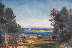 Paesaggio su larga scala dell'impressionismo americano del XIX secolo con giardino e faro