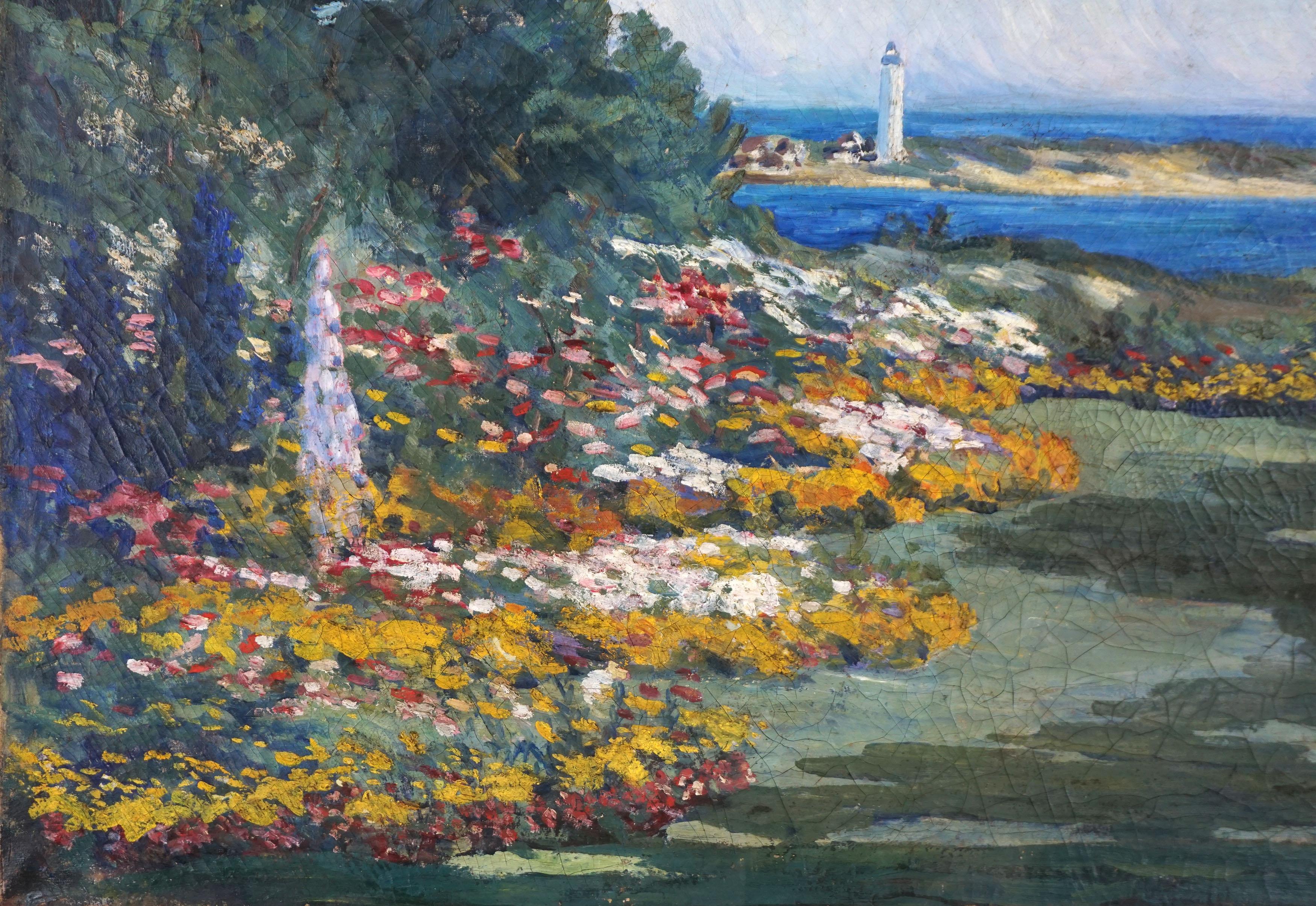 Große Garten- und Leuchtturm-Landschaft des amerikanischen Impressionismus des 19. Jahrhunderts (Amerikanischer Impressionismus), Painting, von 19th century American School