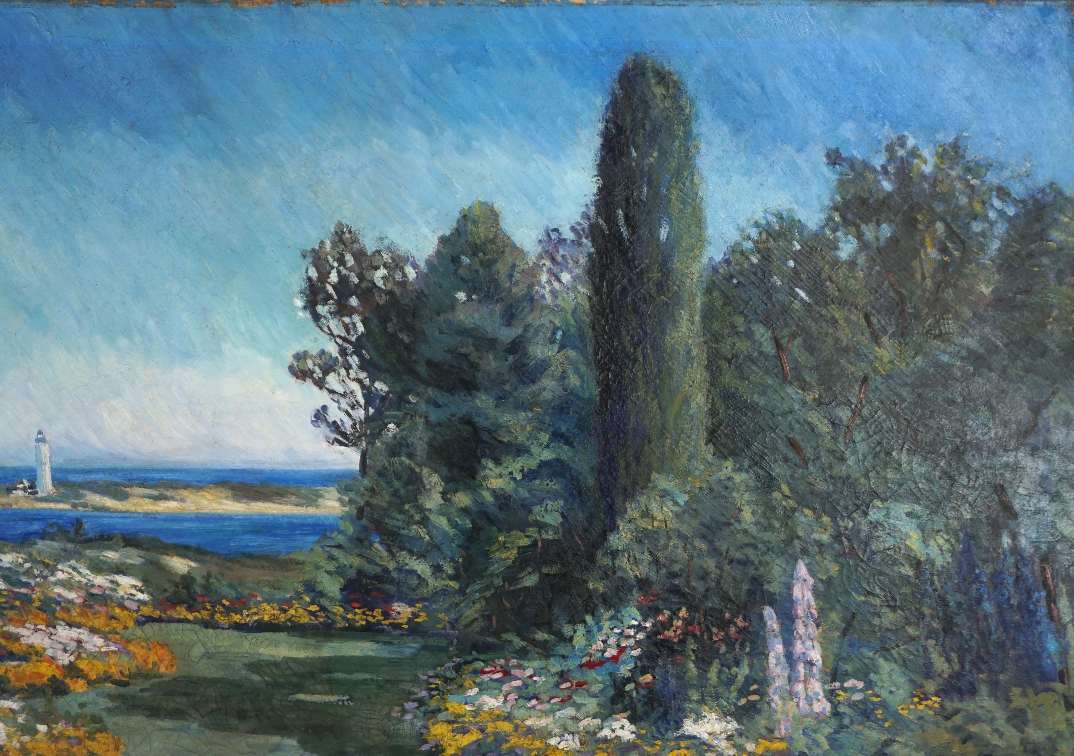 Large Scale 19th Century American Impressionism Garden and Lighthouse Landscape - American Impressionist Painting by 19th century American School