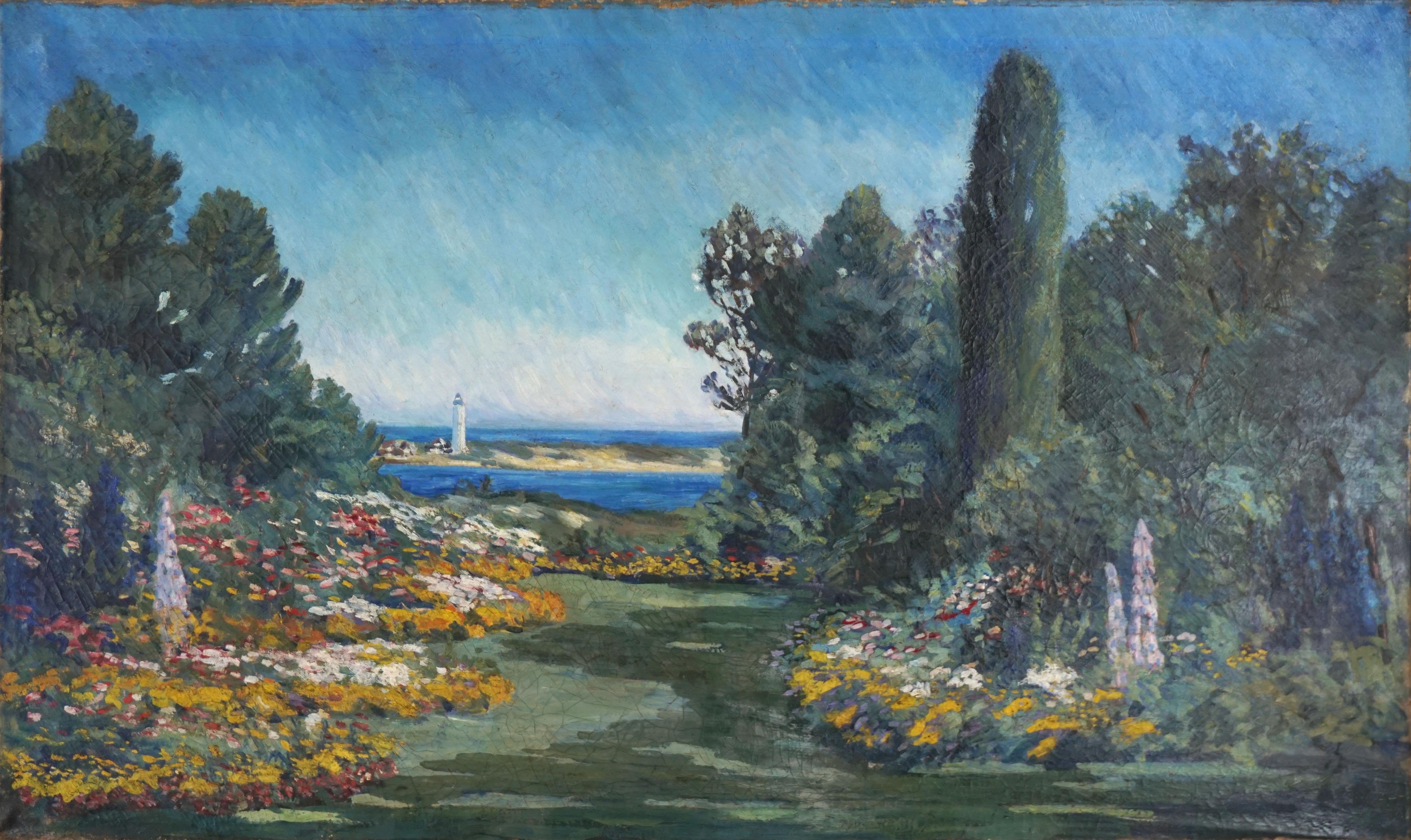 19th century American School Landscape Painting – Große Garten- und Leuchtturm-Landschaft des amerikanischen Impressionismus des 19. Jahrhunderts