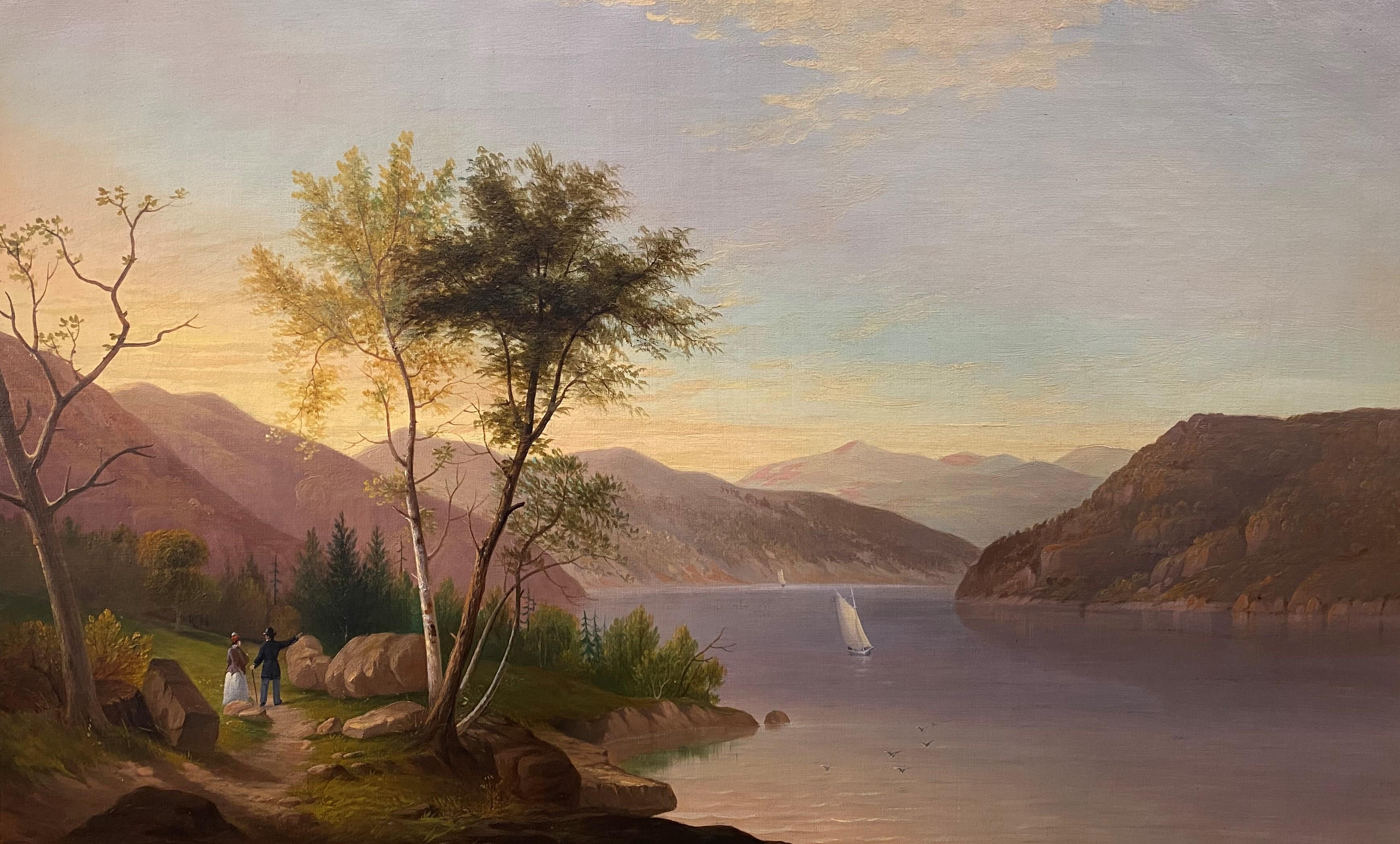 Sunset over Lake George - Painting by 19th century American School