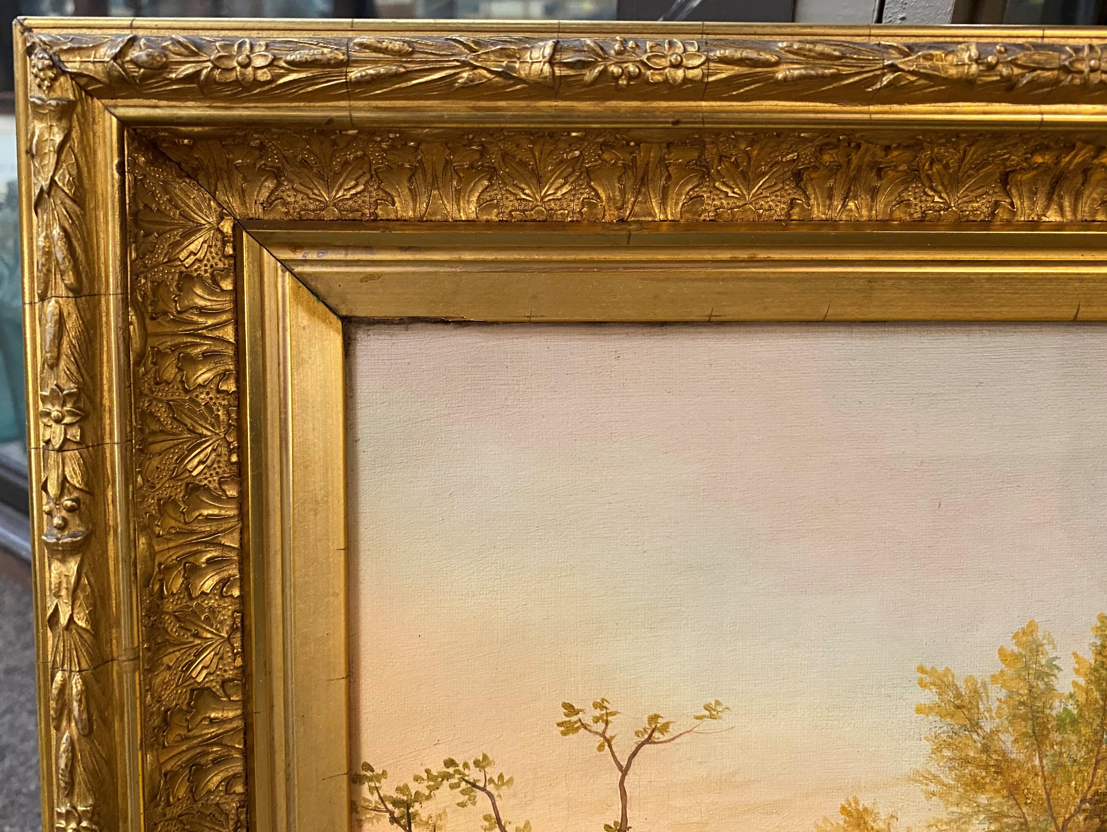 Une belle peinture à l'huile de l'école américaine du 19e siècle, dans le style de la rivière Hudson, représentant un coucher de soleil sur le lac George. Huile sur toile, non signée, et logée dans un joli cadre d'époque en bois doré. Dimensions :