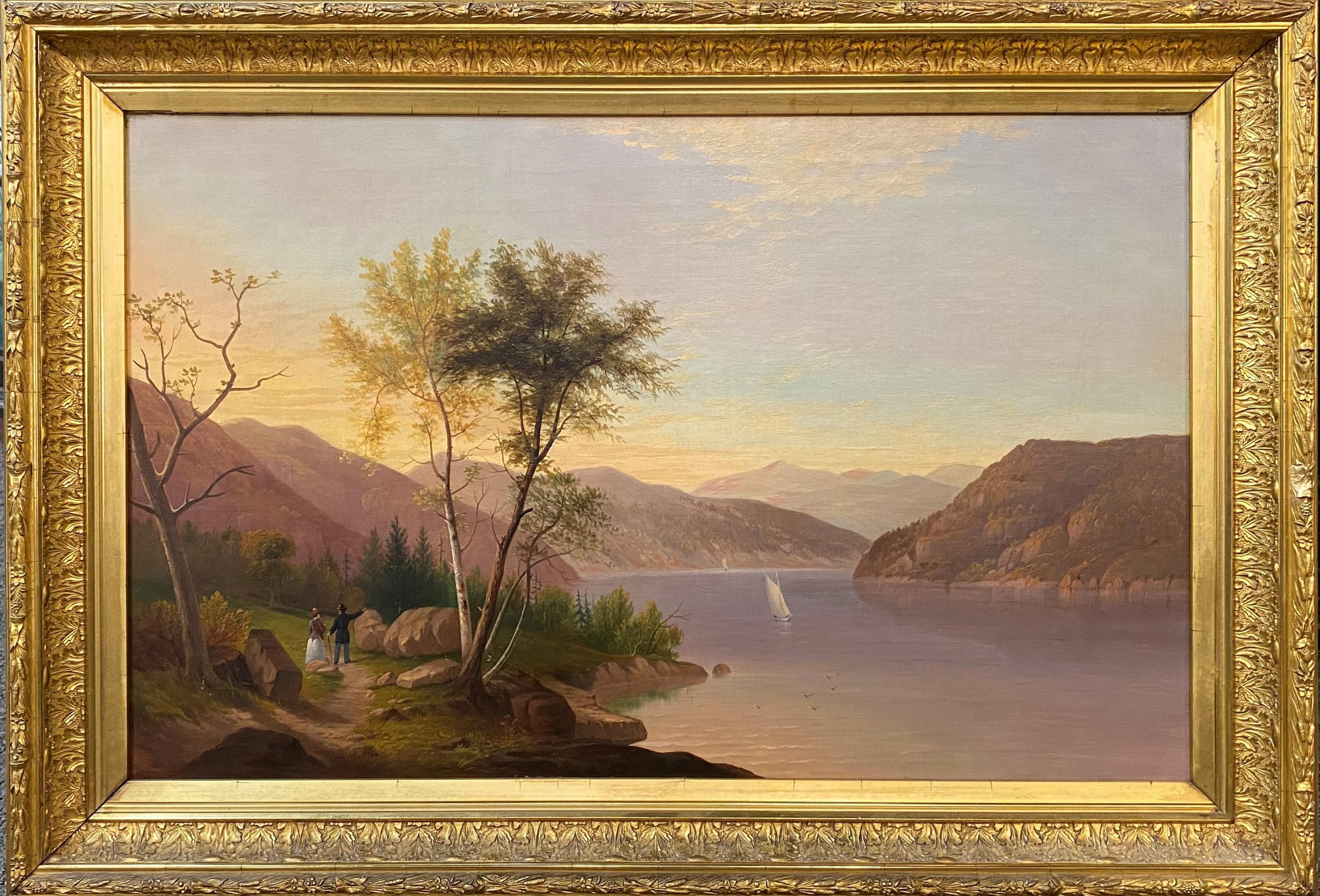 19th century American School Landscape Painting - Sunset over Lake George