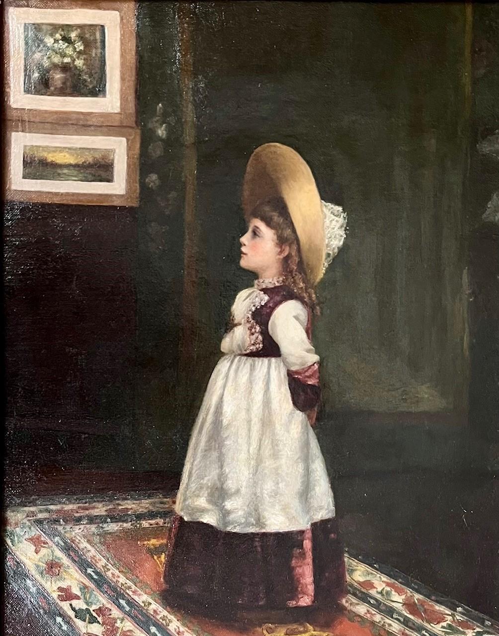 19th Century American School Portrait Oil Painting of a Young Girl.

Wonderful antique portrait of a charming little girl standing in a warm toned room setting with oriental rug and tapestry wall decoration. She seems to view a pair of small