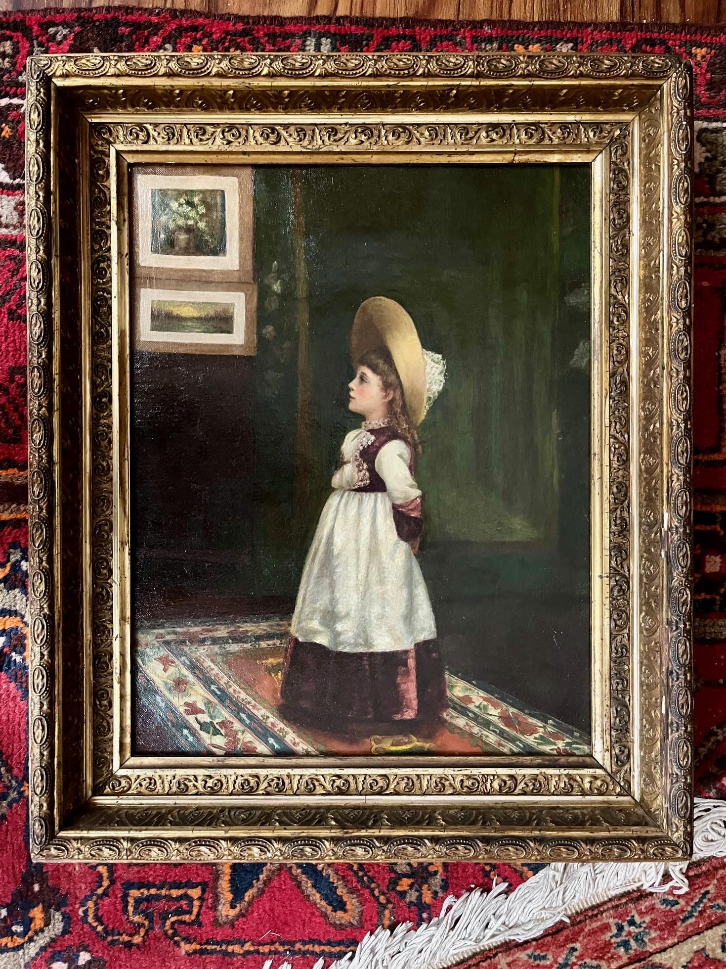 Peint à la main Portrait à l'huile d'une jeune fille de l'école américaine du 19e siècle en vente