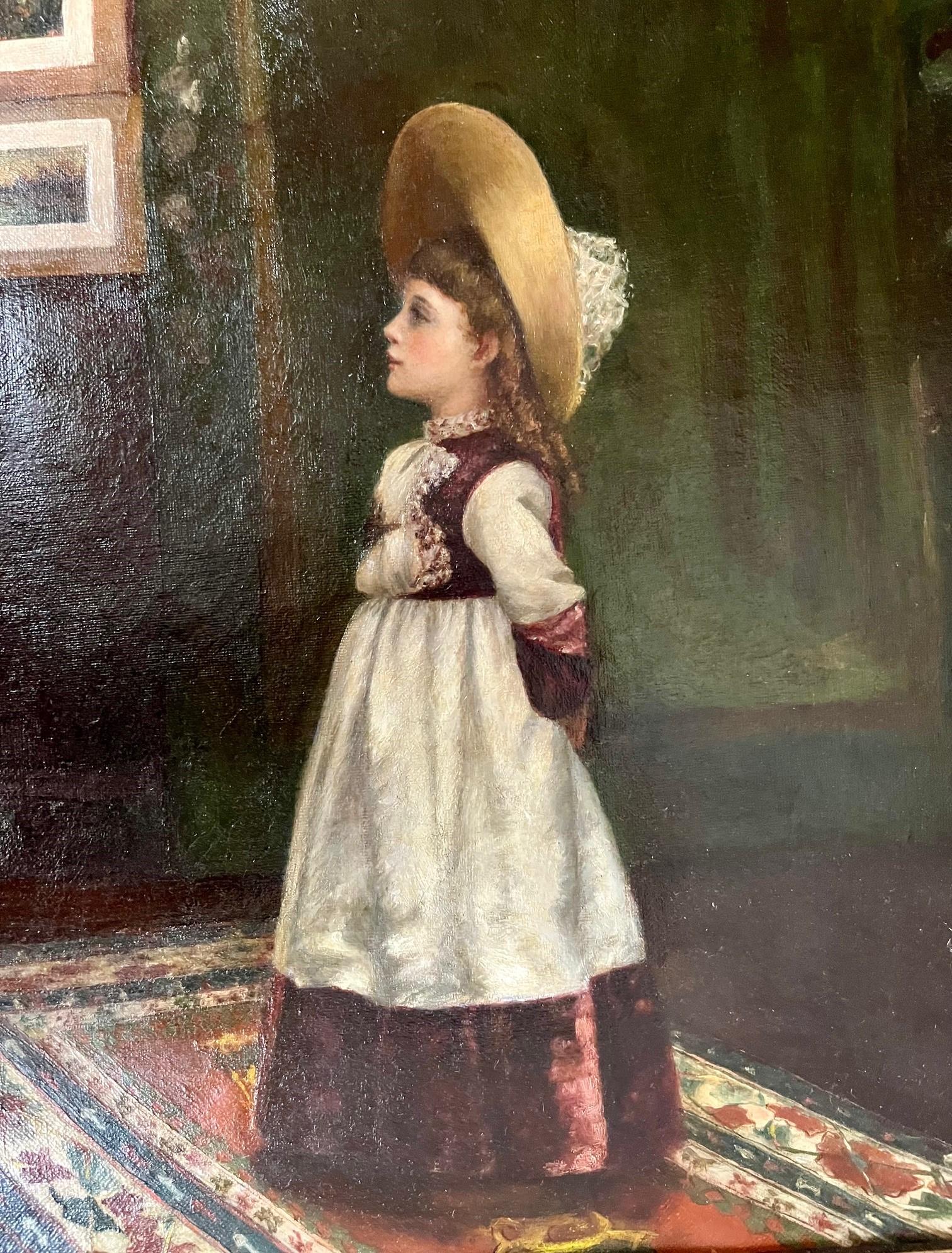 Canvas 19th Century American School Portrait Oil Painting of a Young Girl. For Sale