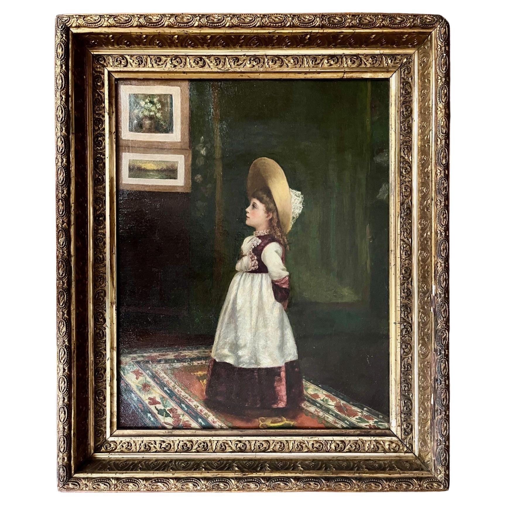 19th Century American School Portrait Oil Painting of a Young Girl. For Sale