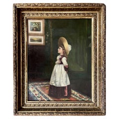 Retro 19th Century American School Portrait Oil Painting of a Young Girl.