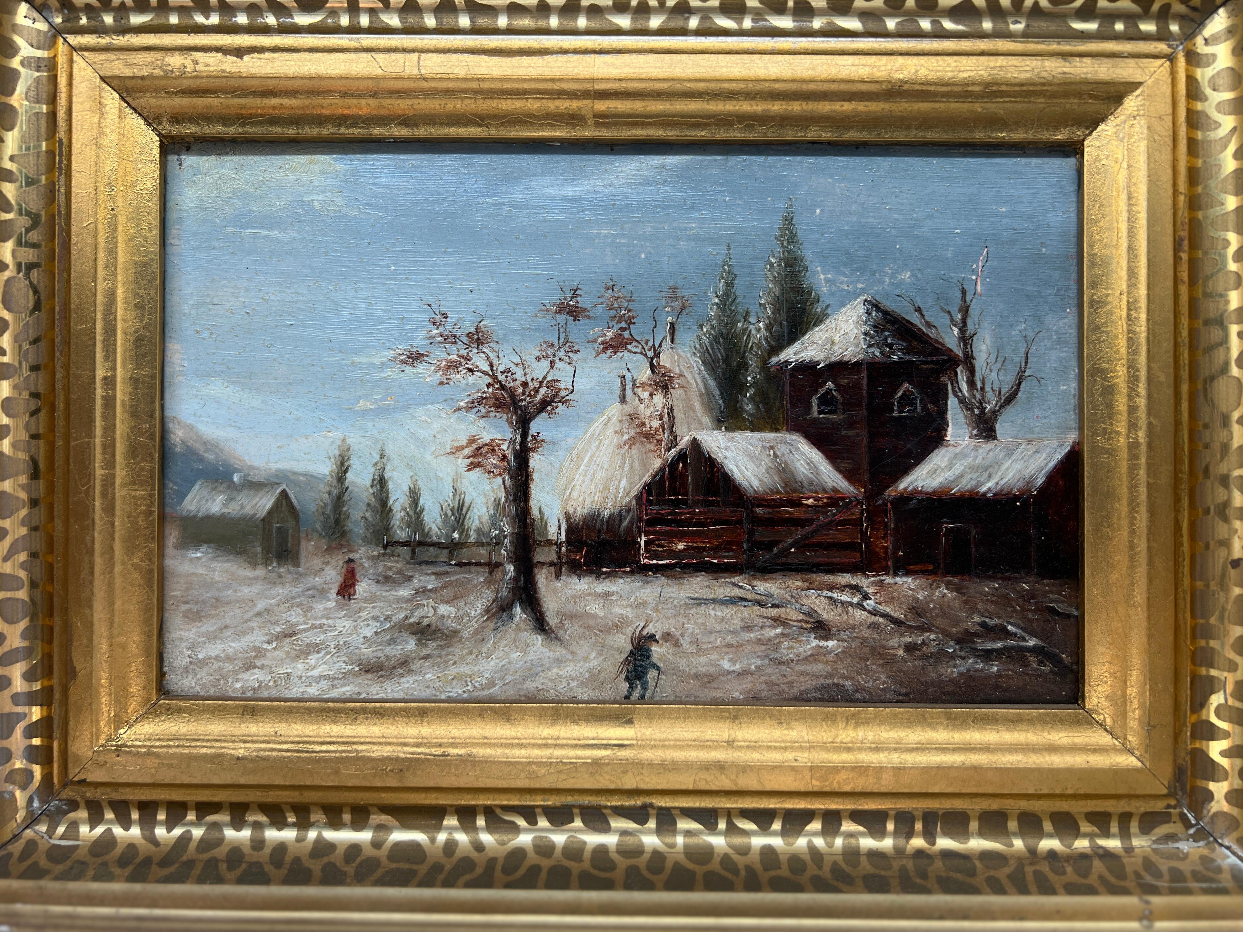 Estetismo XIX secolo, Scuola americana Paesaggio di fienile innevato Olio su tavola in vendita