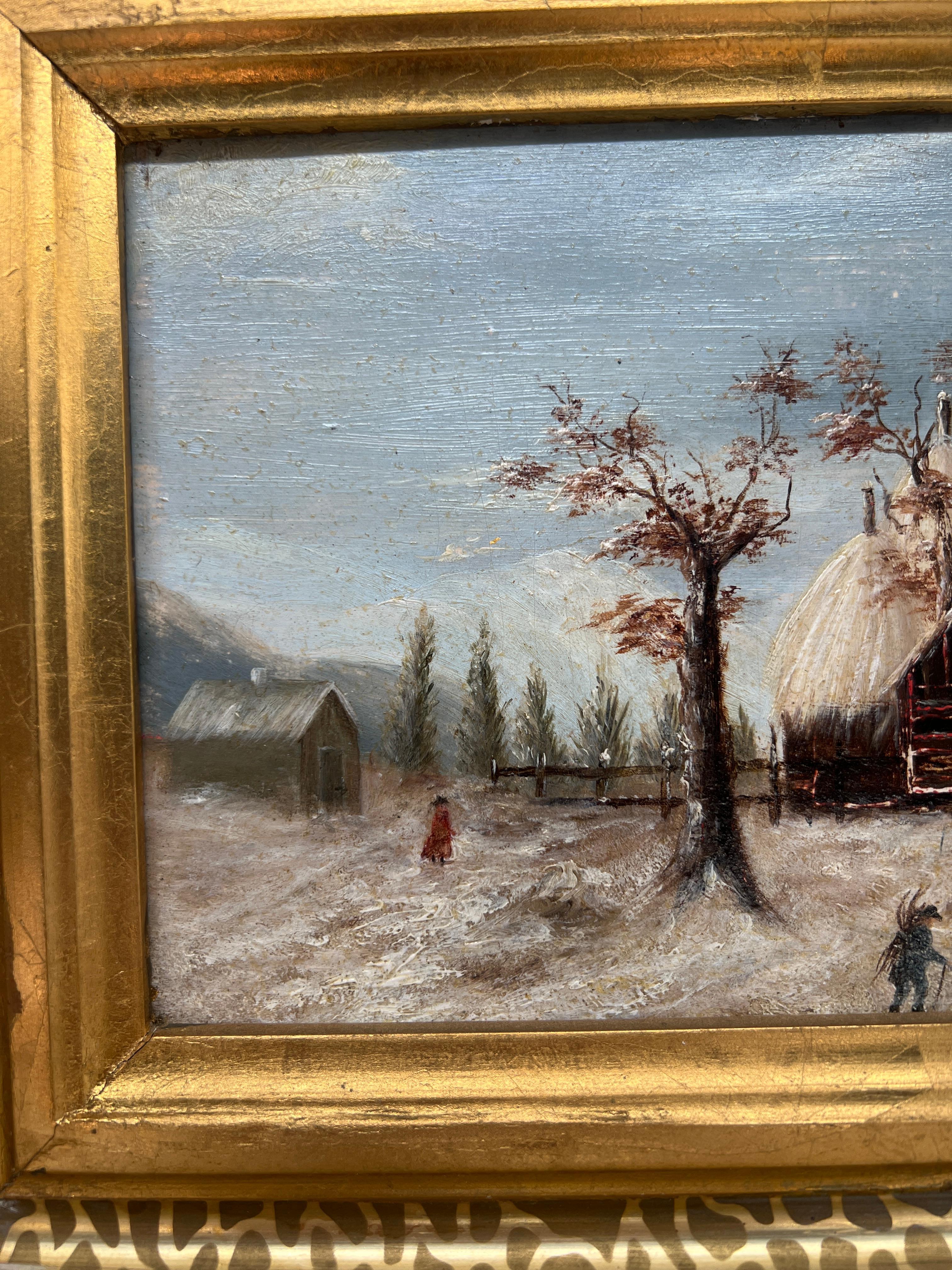 XIX secolo, Scuola americana Paesaggio di fienile innevato Olio su tavola In condizioni buone in vendita a Atlanta, GA