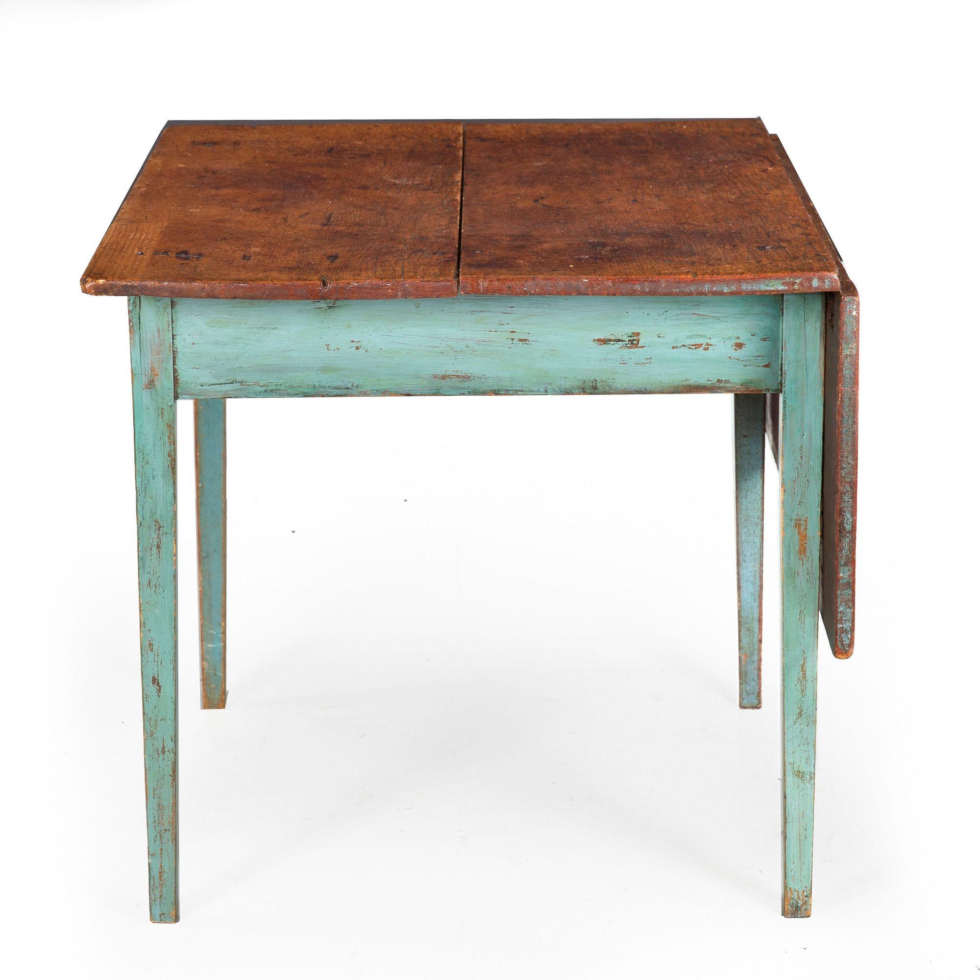 19th Century American Scrubbed Pine and Green Painted Work Table 1