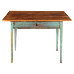19th Century American Scrubbed Pine and Green Painted Work Table