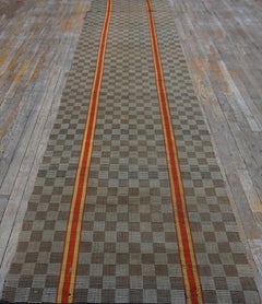 1890s Gray Checkerboard American Shaker Rag Rug 3'x12'6" Flatweave Wool Carpet