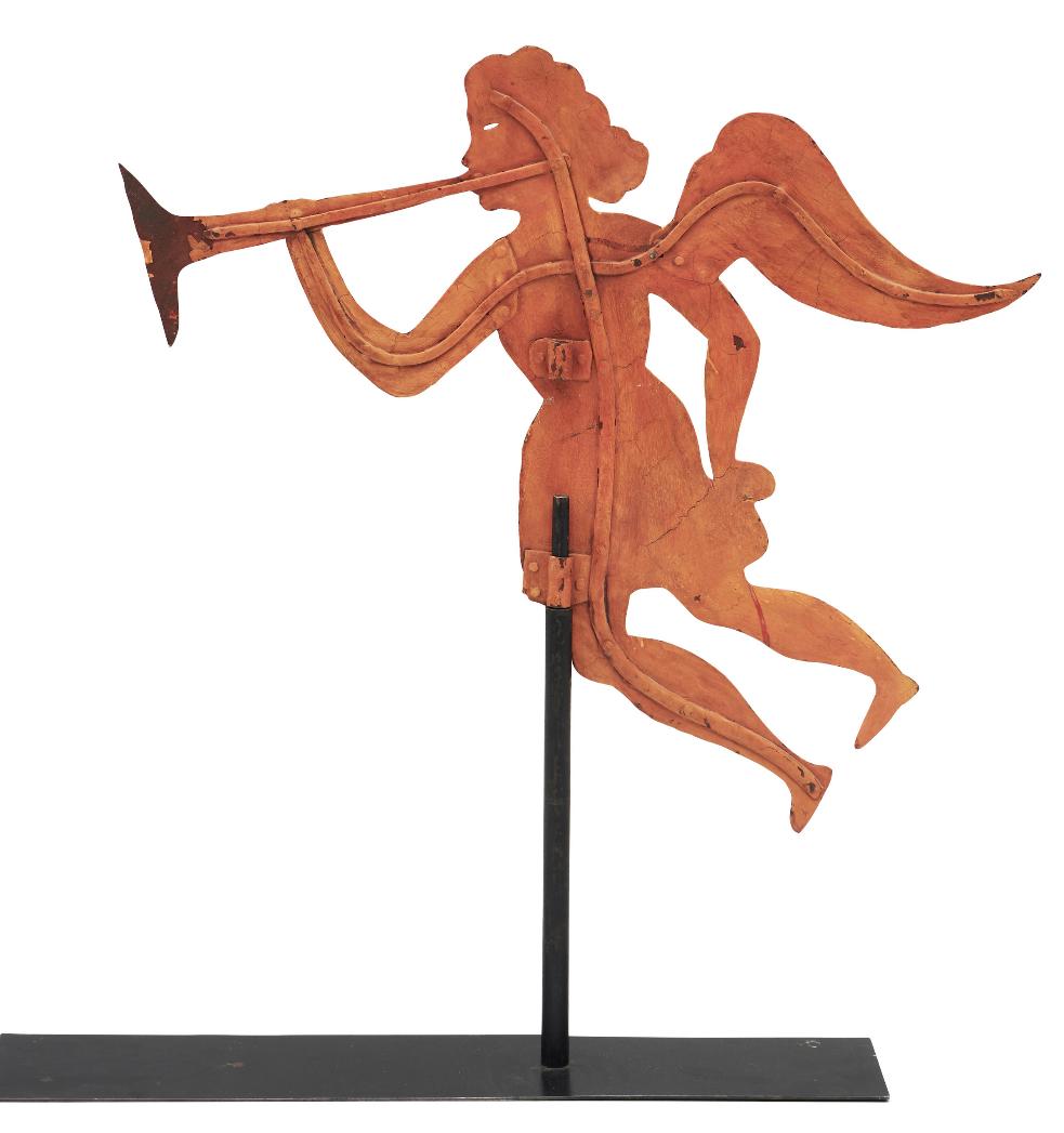 Late 19th century trumpeting arch angel painted sheet iron weathervane on custom metal stand.  Presents well, nice form.