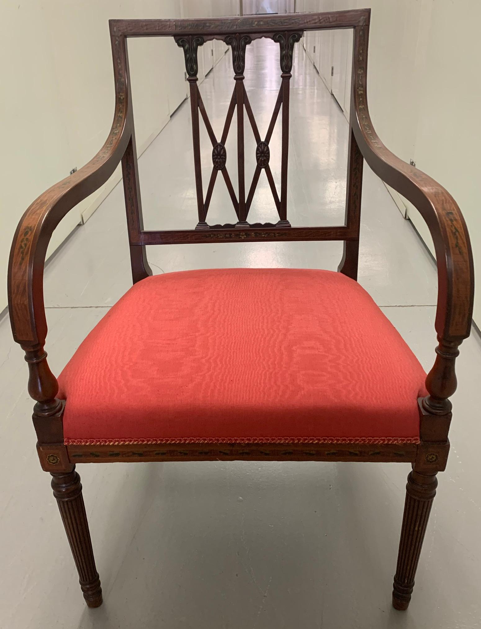 19th century American Sheraton painted settee. Newly upholstered in red moire fabric.
Coordinating settee is also available separately (item LU186037883673).