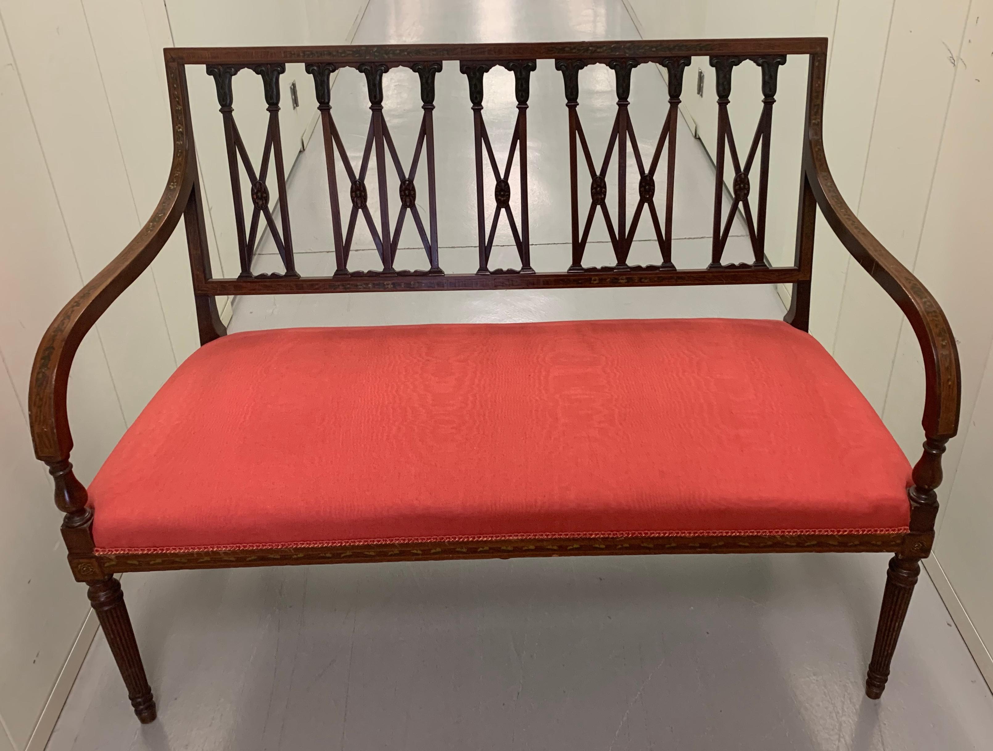 19th century American Sheraton painted settee. Newly upholstered in red moire fabric. Coordinating armchair is also available separately (item LU1860319614402).