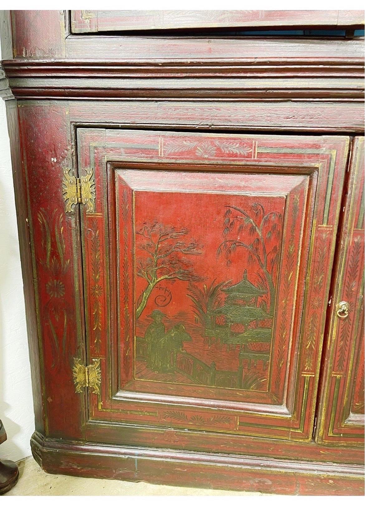 19th century American Southern Plantation Chinoiserie Decorated Corner Cupboard For Sale 1