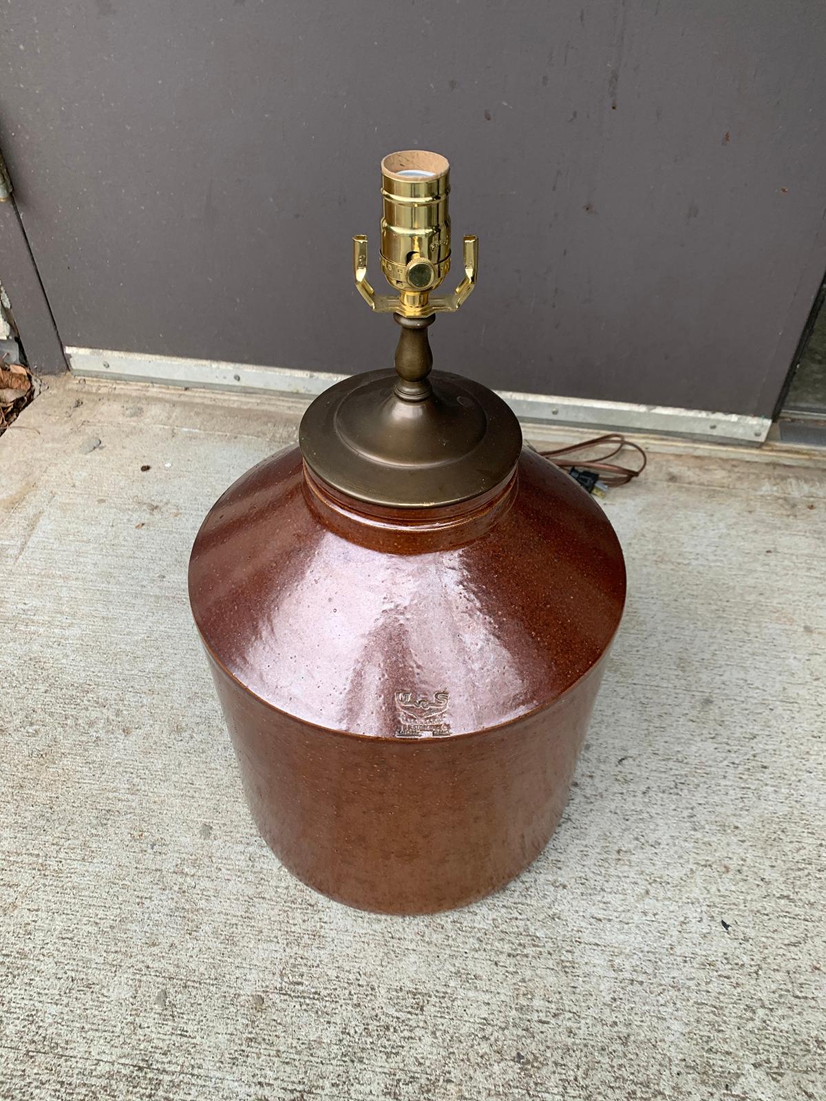 19th Century American Stoneware Crock as Lamp, Marked U.S. Standard Stoneware Co 8