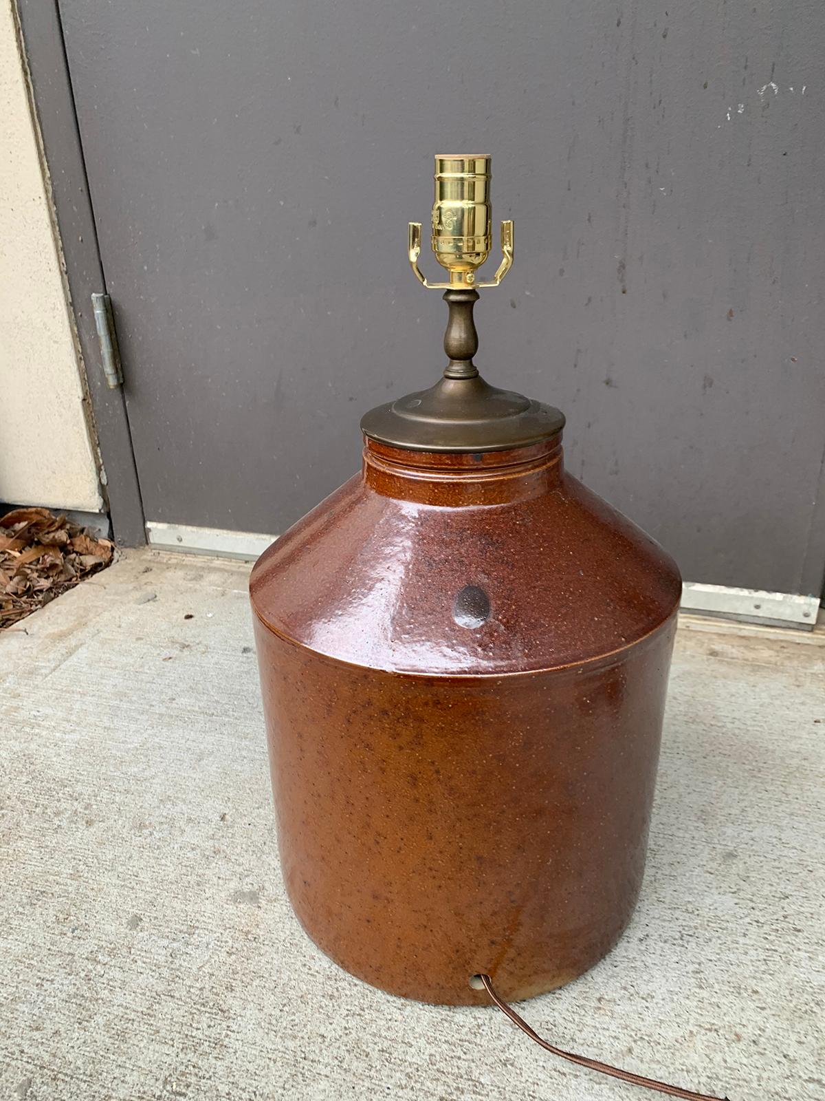 19th Century American Stoneware Crock as Lamp, Marked U.S. Standard Stoneware Co In Good Condition In Atlanta, GA