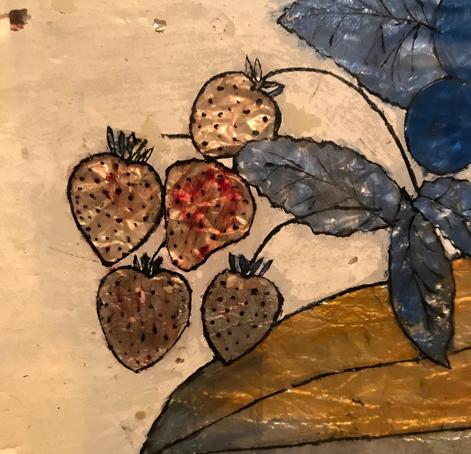 19th century American tinsel still life painting. Neatly hand painted in shades of blue, red and yellow, this is an excellent example of a classic American Folk Art medium.