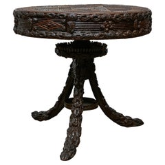 Antique 19th Century American Tramp Art Carved Round Table with Tripod Base