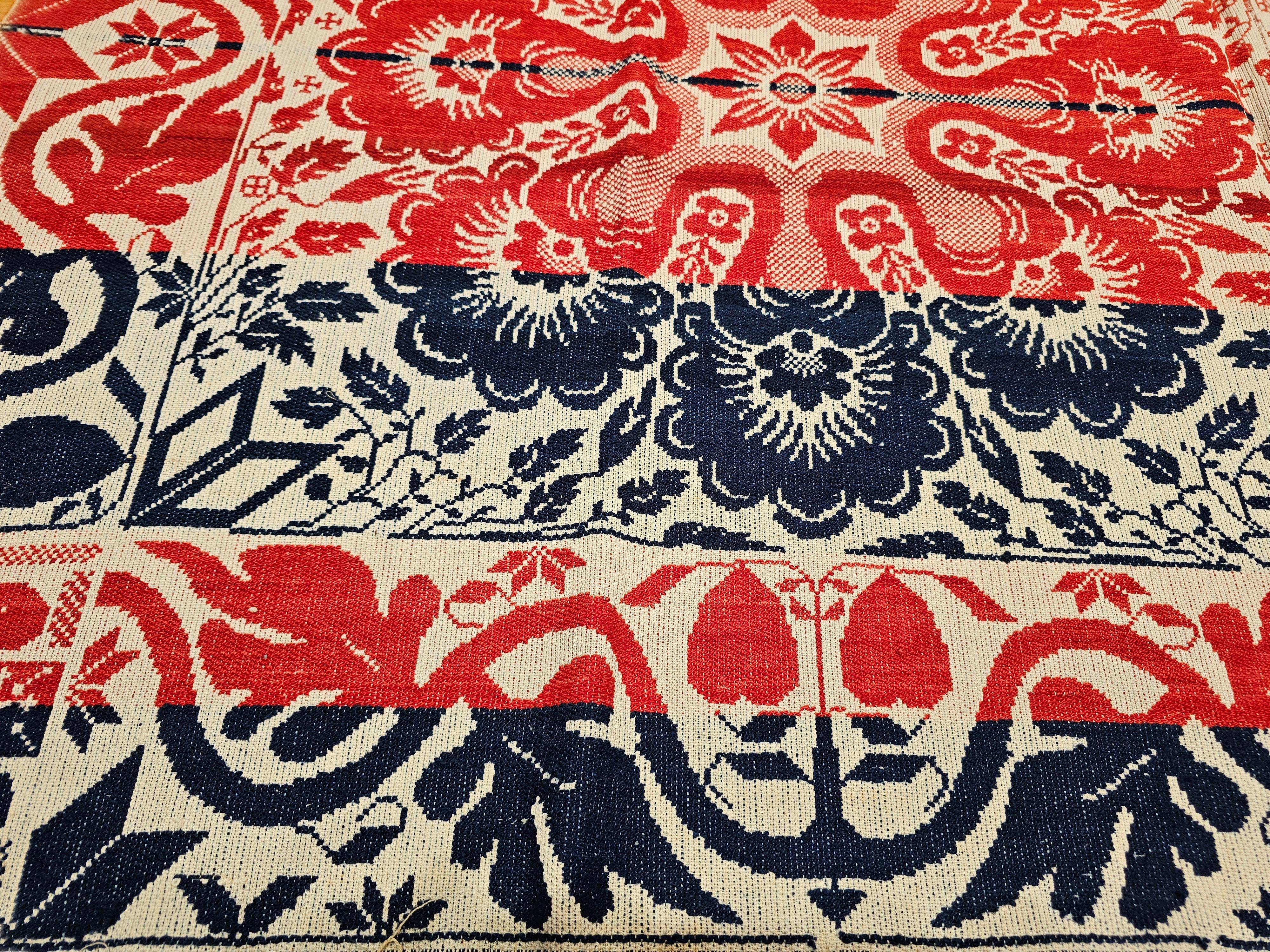 Mid-19th Century Tri Color American Jacquard Coverlet in Red, Blue & White For Sale 5