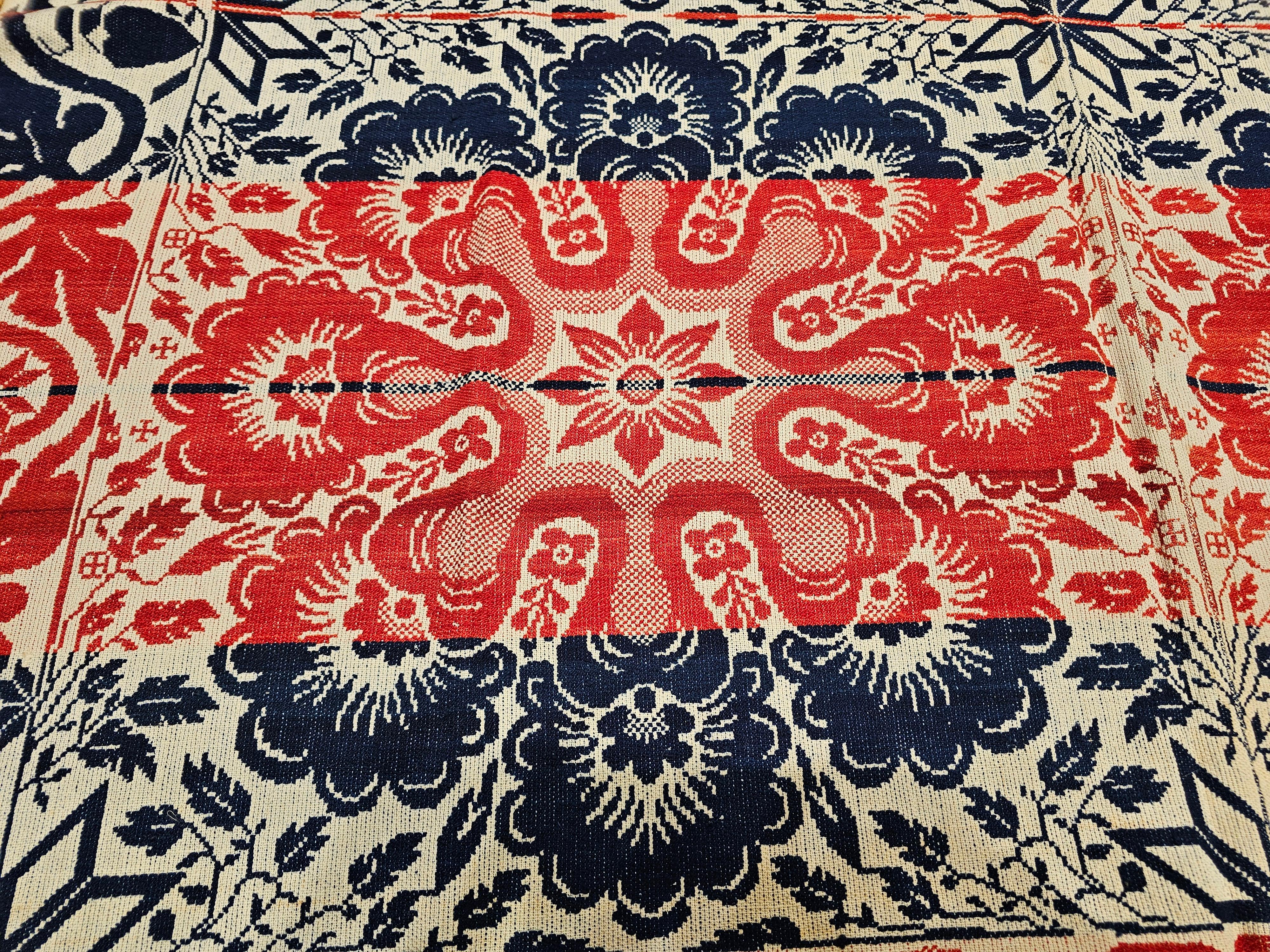 Mid-19th Century Tri Color American Jacquard Coverlet in Red, Blue & White For Sale 6