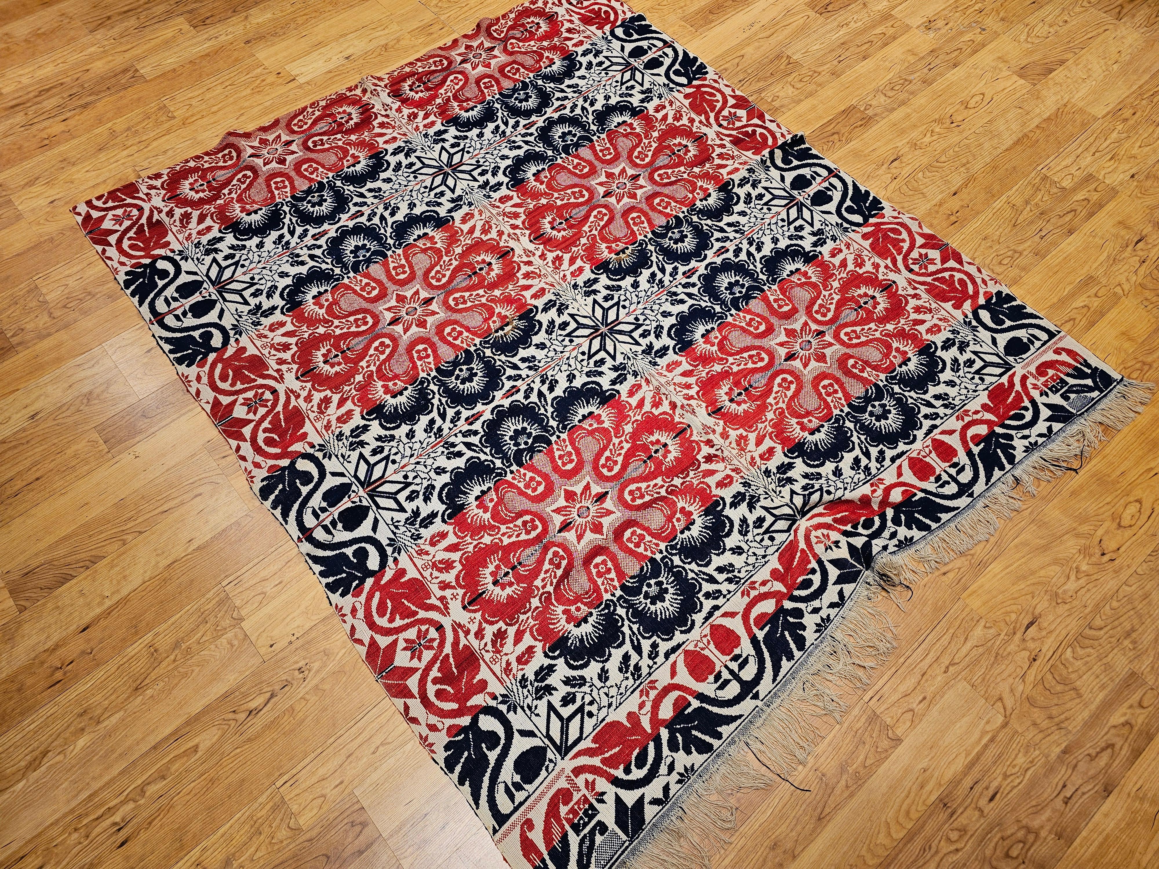 Mid-19th Century Tri Color American Jacquard Coverlet in Red, Blue & White For Sale 7