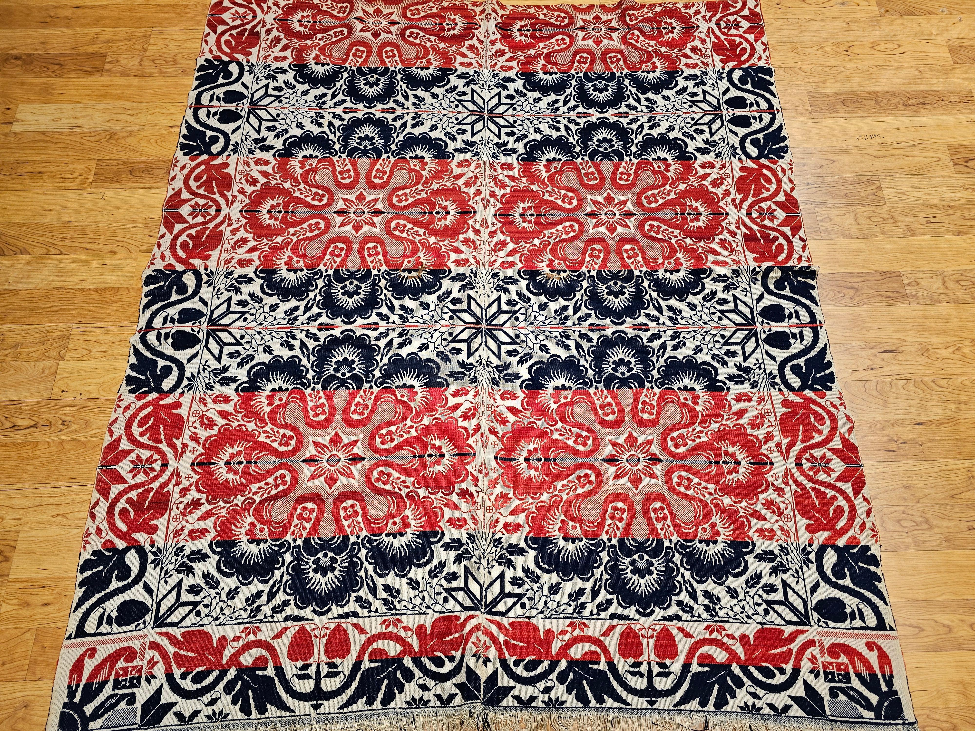 Mid-19th Century Tri Color American Jacquard Coverlet in Red, Blue & White For Sale 8