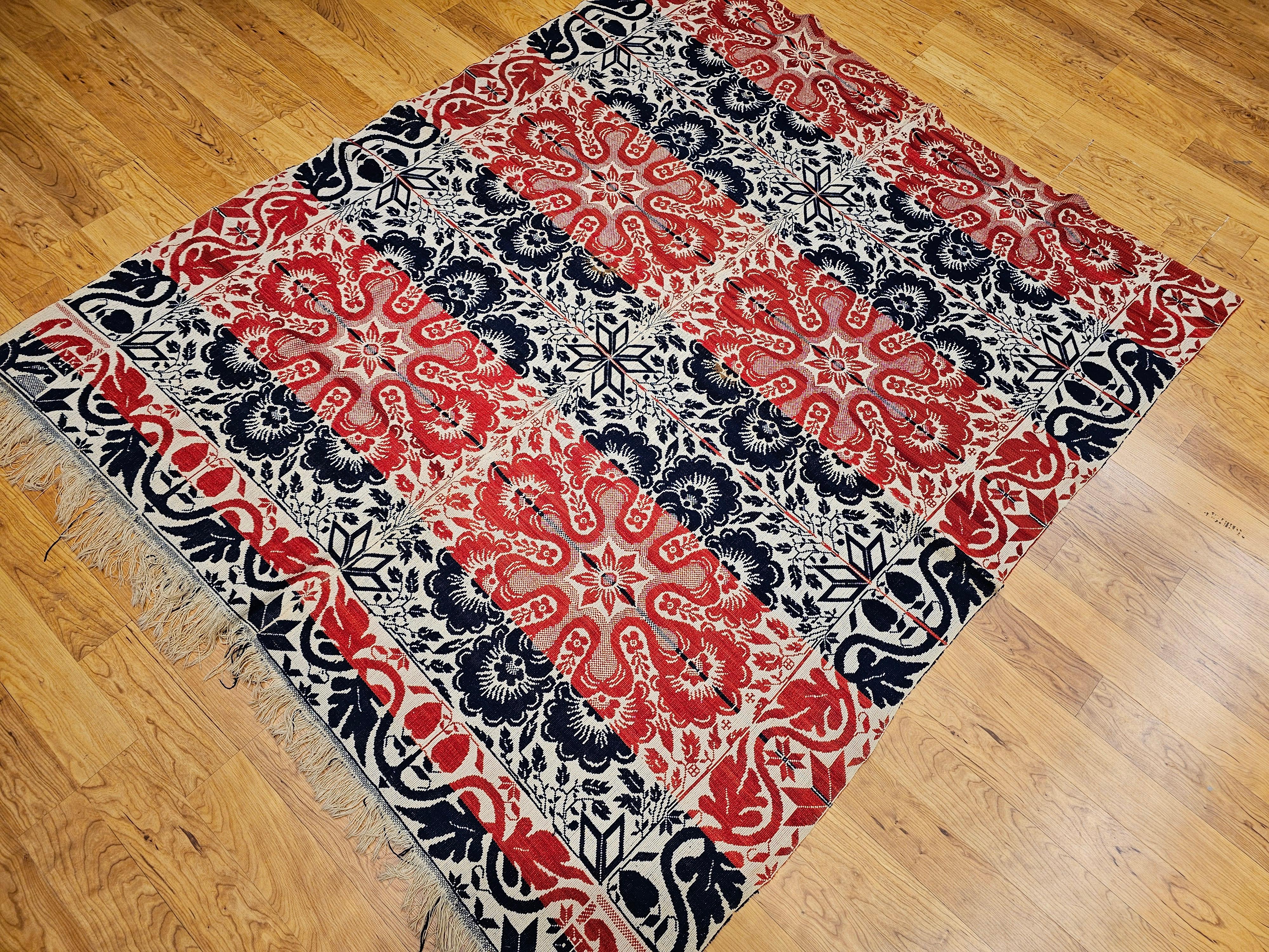 Mid-19th Century Tri Color American Jacquard Coverlet in Red, Blue & White For Sale 9