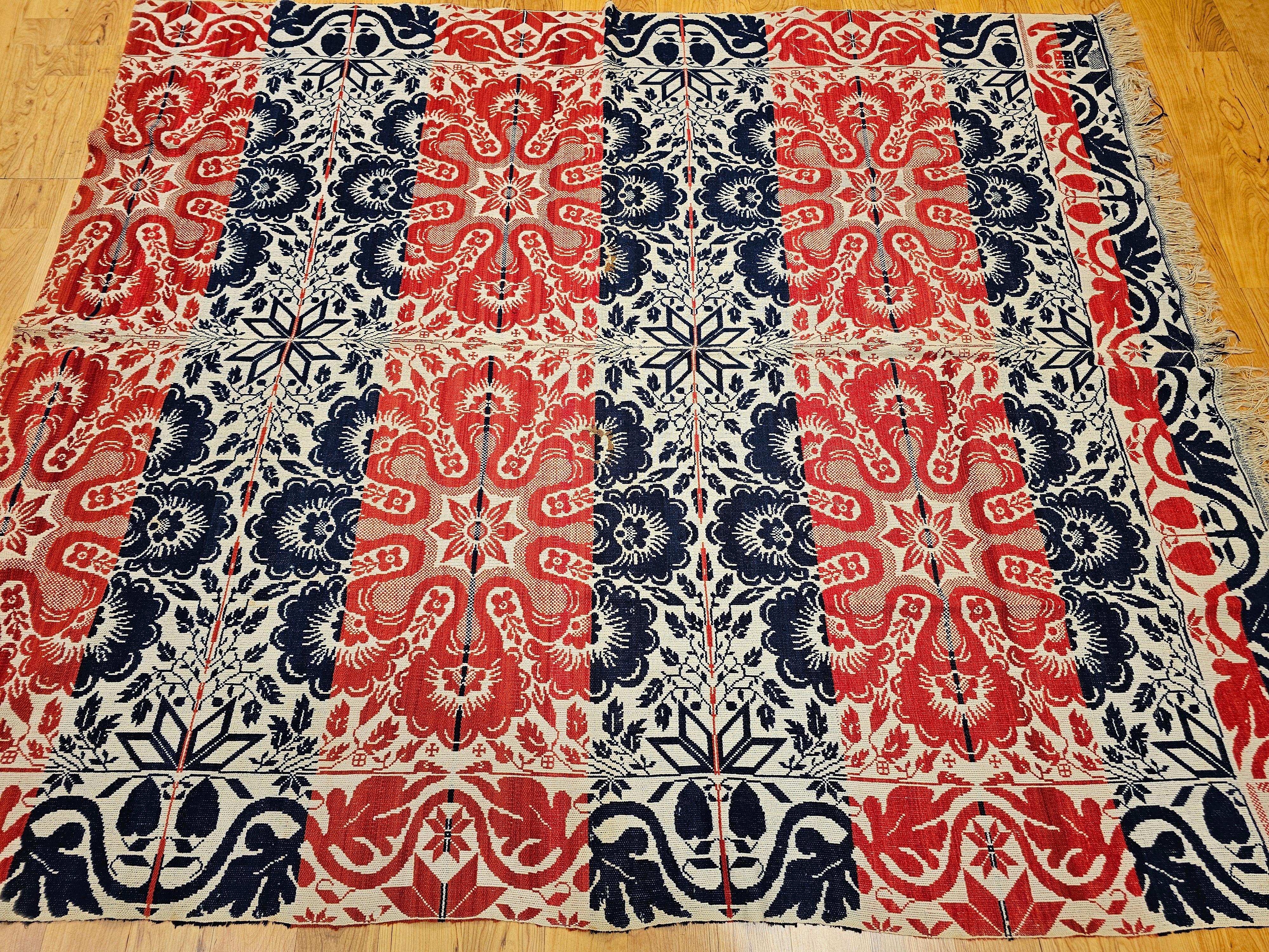 Mid-19th Century Tri Color American Jacquard Coverlet in Red, Blue & White For Sale 10
